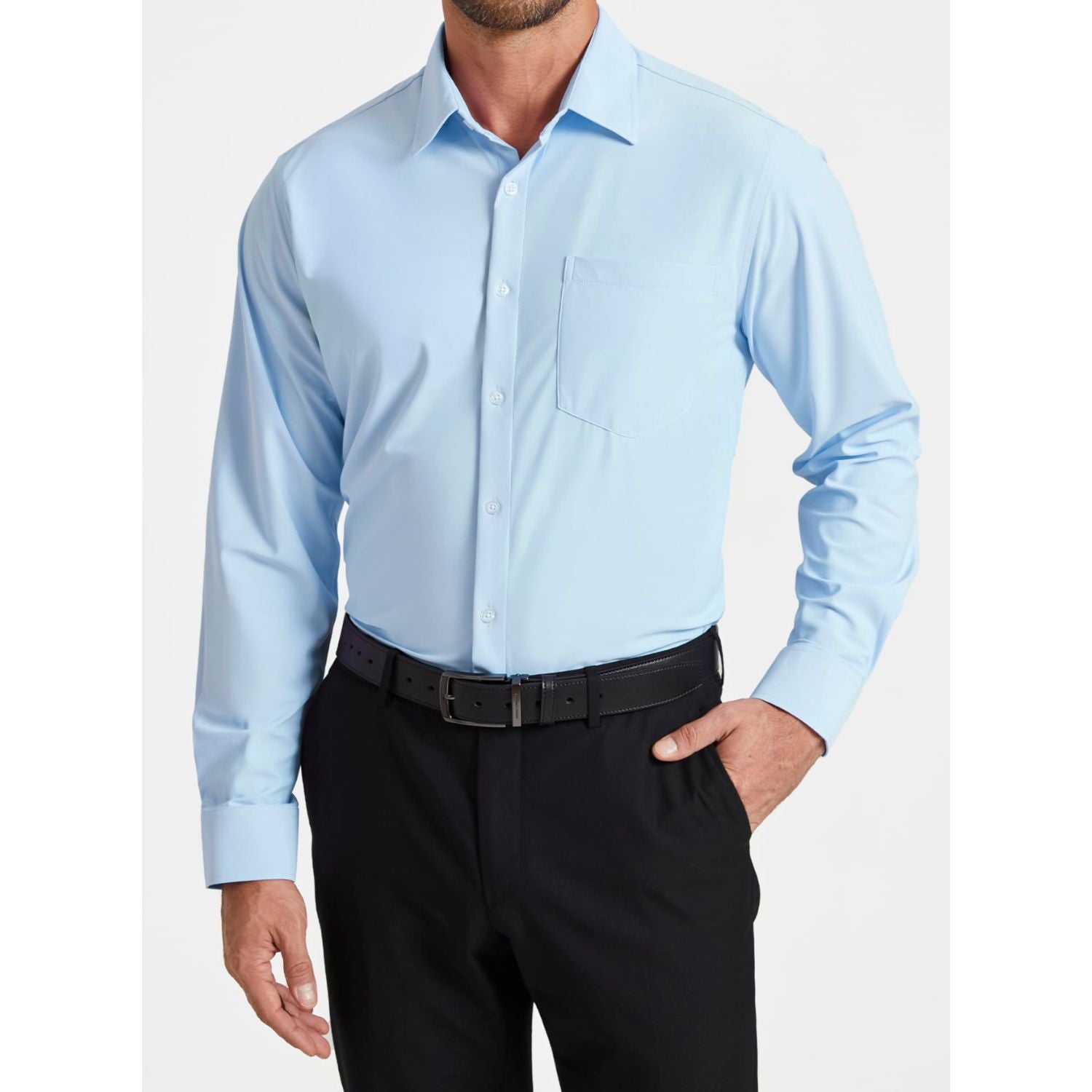 Hisdern Men's Stretch Wrinkle Free Dress Shirts Long Sleeve Non-Iron Light Blue for Work