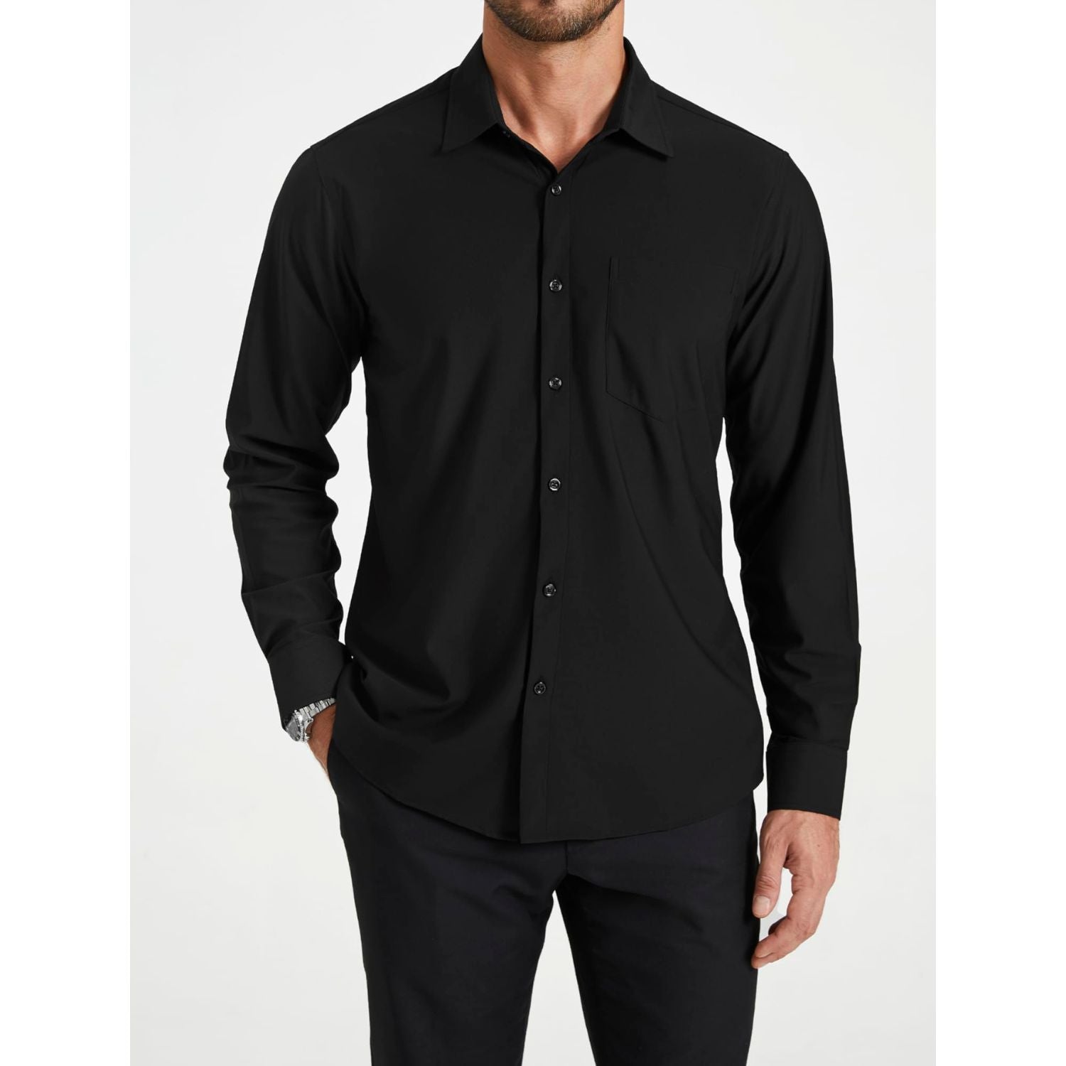 Hisdern Men's Stretch Wrinkle Free Dress Shirts Long Sleeve Non-Iron Black for Work