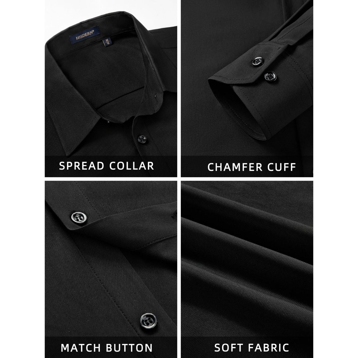 Hisdern Men's Stretch Wrinkle Free Dress Shirts Long Sleeve Non-Iron Black for Work