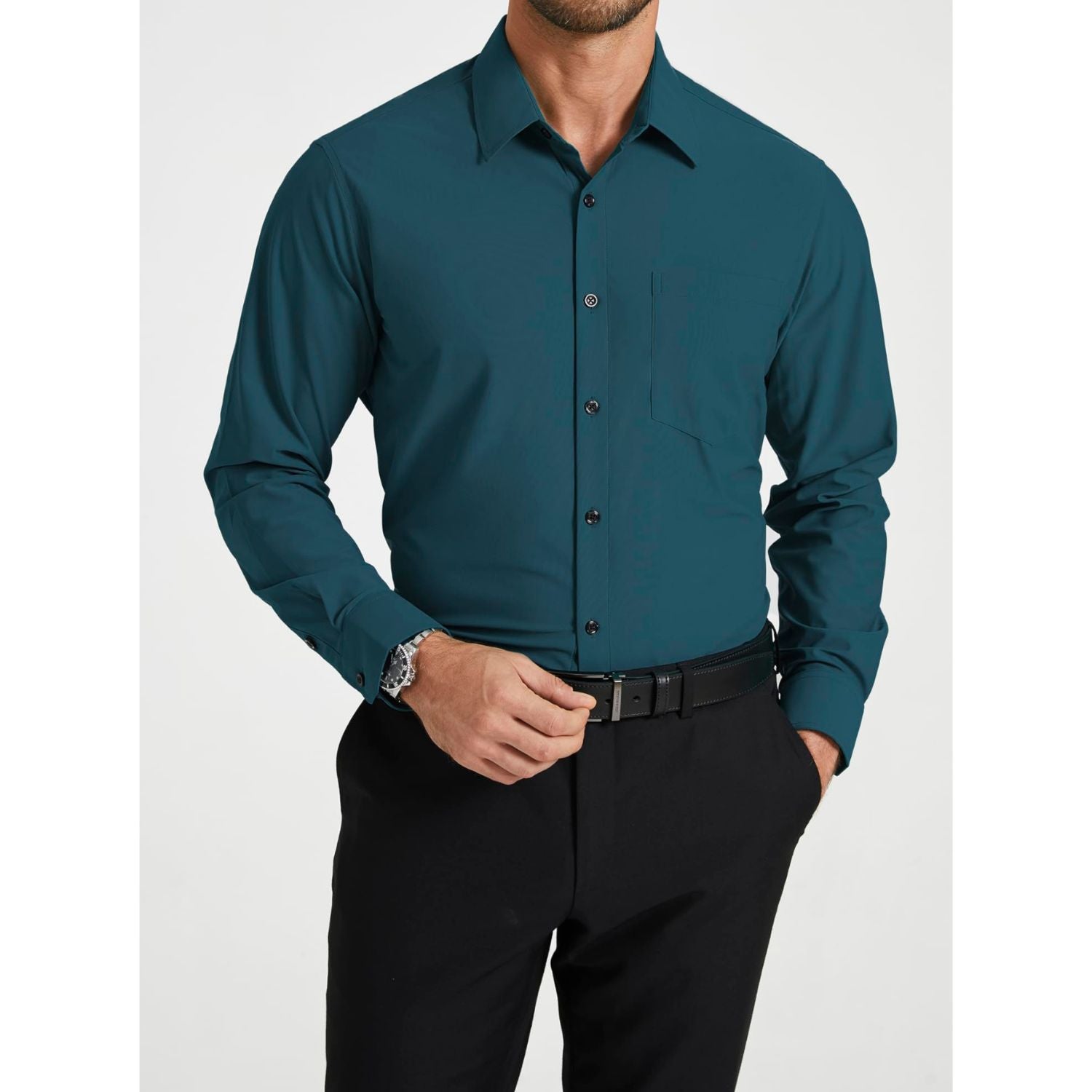 Hisdern Men's Stretch Wrinkle Free Dress Shirts Long Sleeve Non-Iron Navy Blue for Work