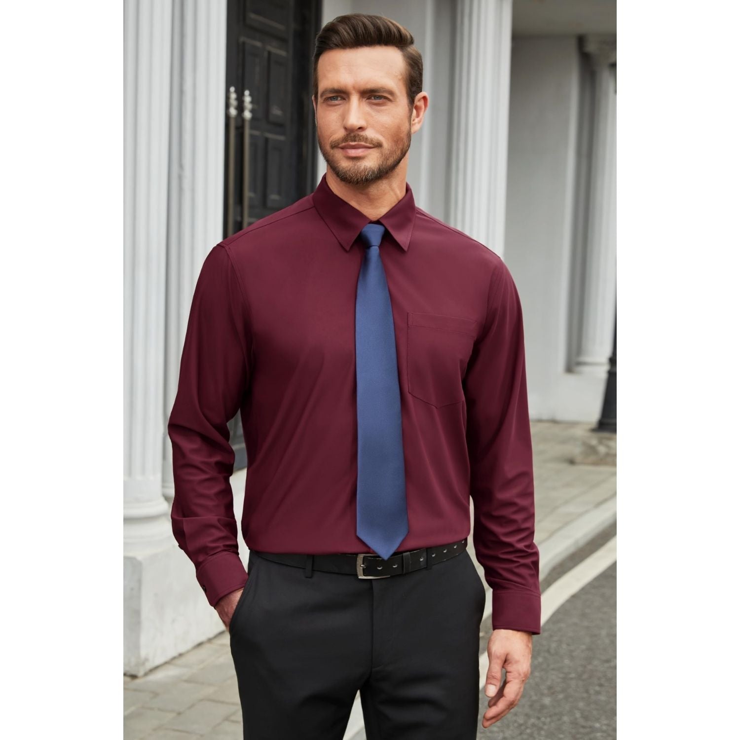 Hisdern Men's Stretch Wrinkle Free Dress Shirts Long Sleeve Non-Iron Burgundy for Work