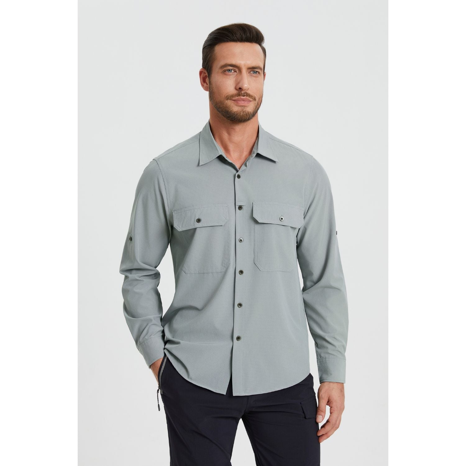 Hisdern Men's Sun Protection Grey Fishing Shirt UPF 50+ for Fishing Hiking