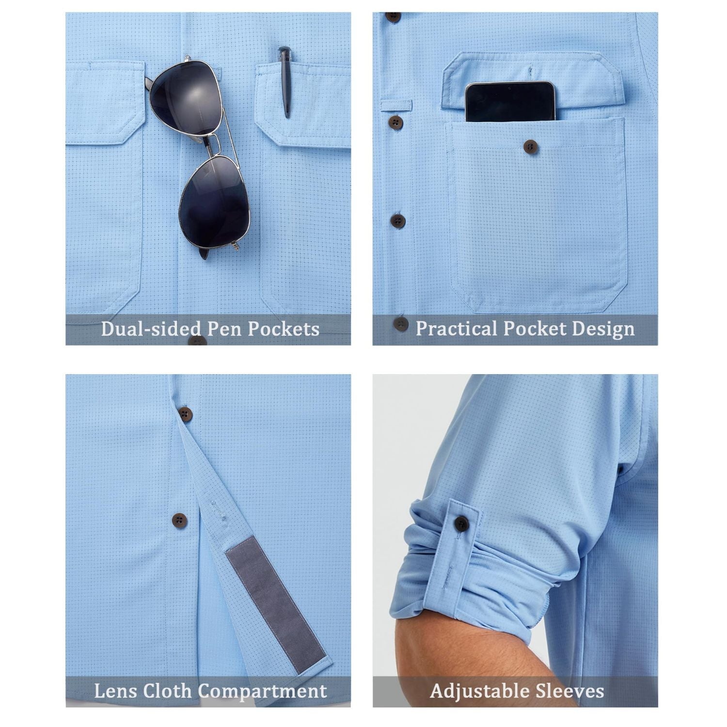 Hisdern Men's Sun Protection Denim Blue Fishing Shirt UPF 50+ for Fishing Hiking