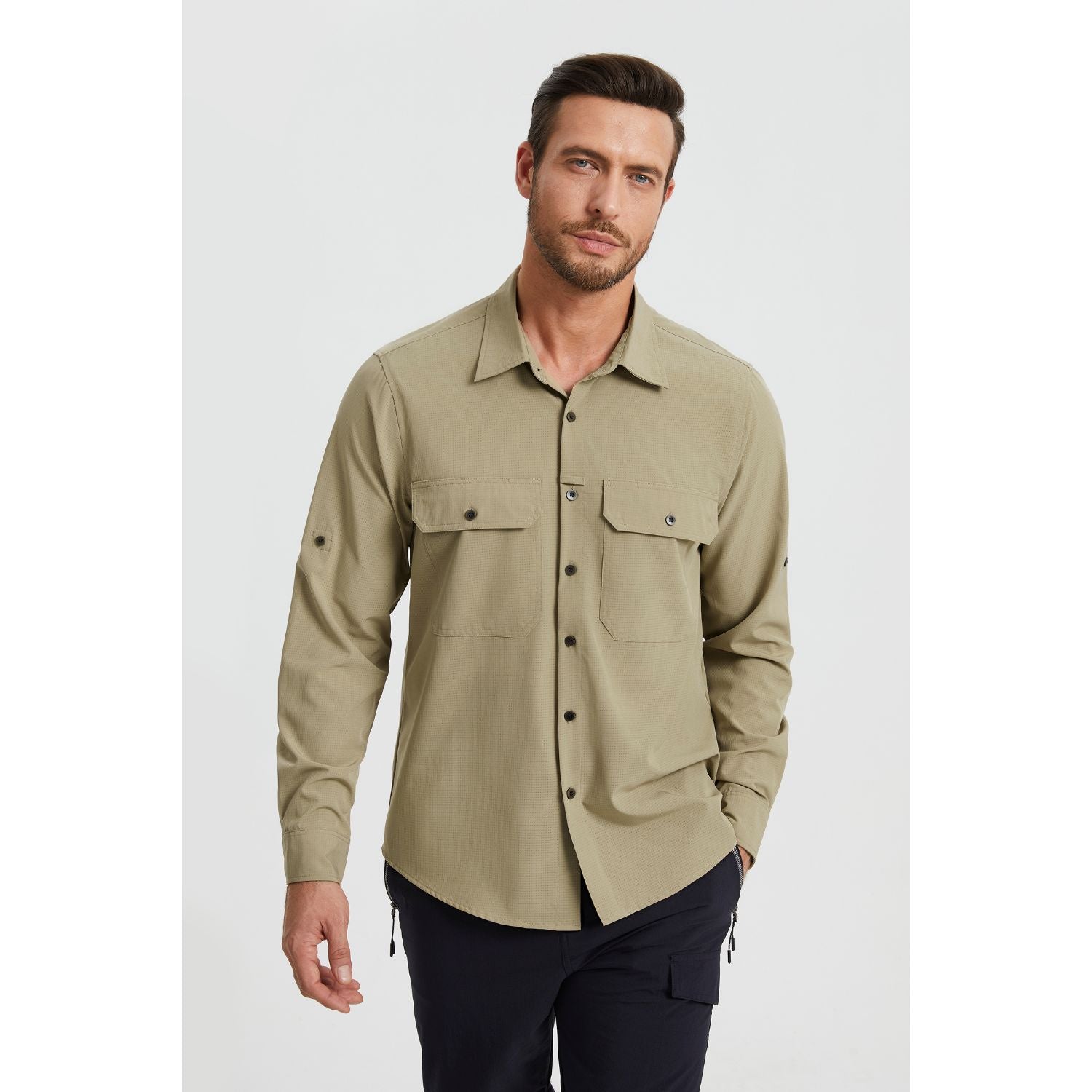 Hisdern Men's Sun Protection Khaki Fishing Shirt UPF 50+ for Fishing Hiking