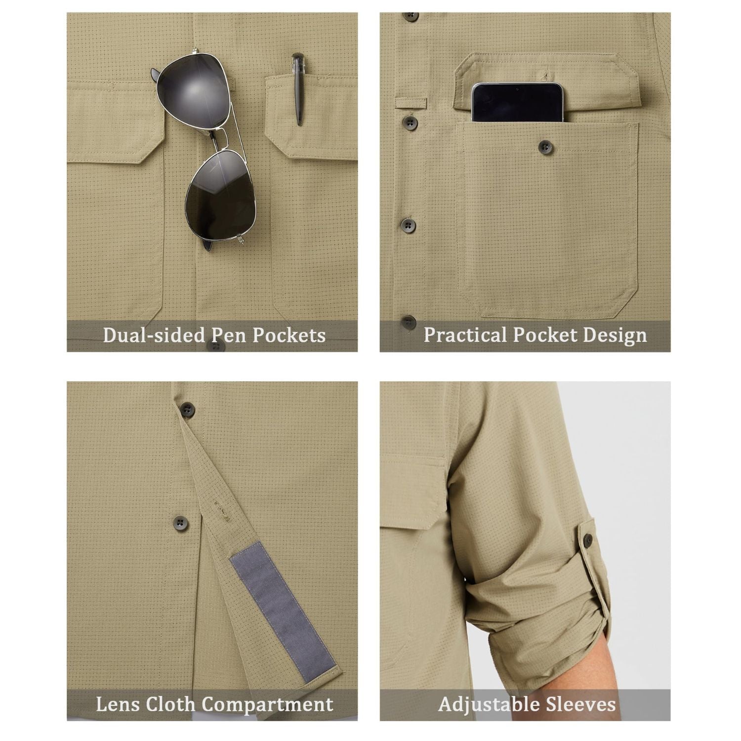 Hisdern Men's Sun Protection Khaki Fishing Shirt UPF 50+ for Fishing Hiking