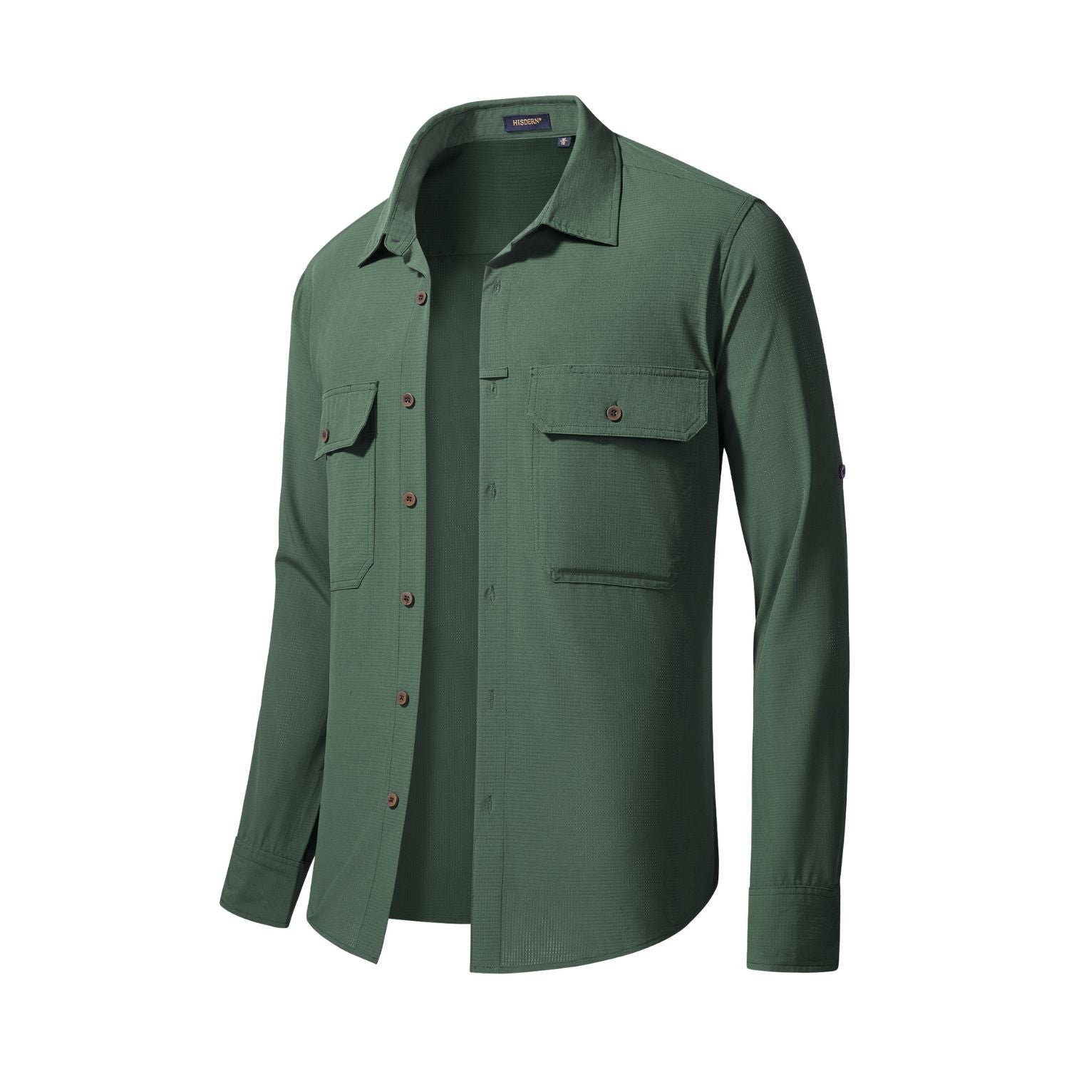 Hisdern Men's Sun Protection Army Green Fishing Shirt UPF 50+ for Fishing Hiking