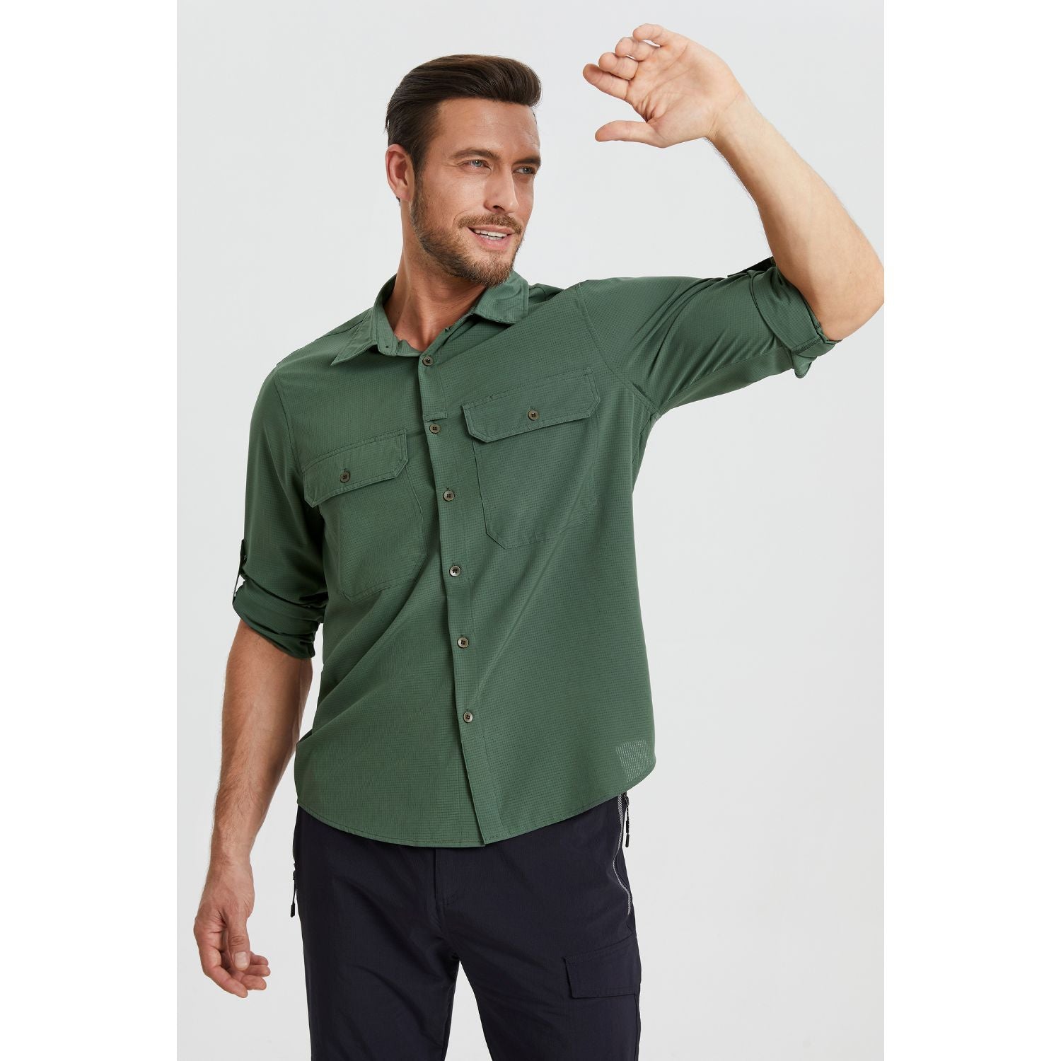 Hisdern Men's Sun Protection Army Green Fishing Shirt UPF 50+ for Fishing Hiking