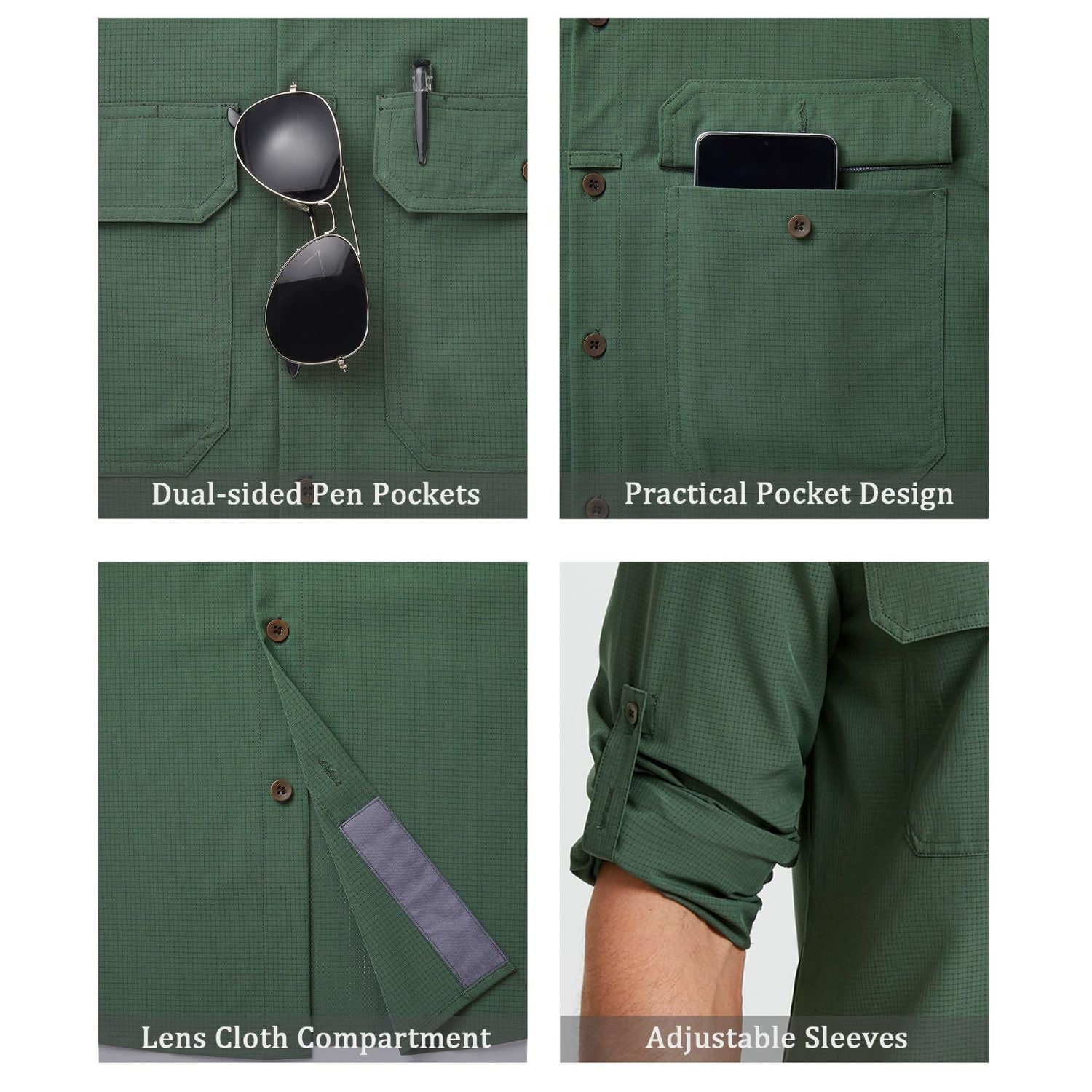 Hisdern Men's Sun Protection Army Green Fishing Shirt UPF 50+ for Fishing Hiking