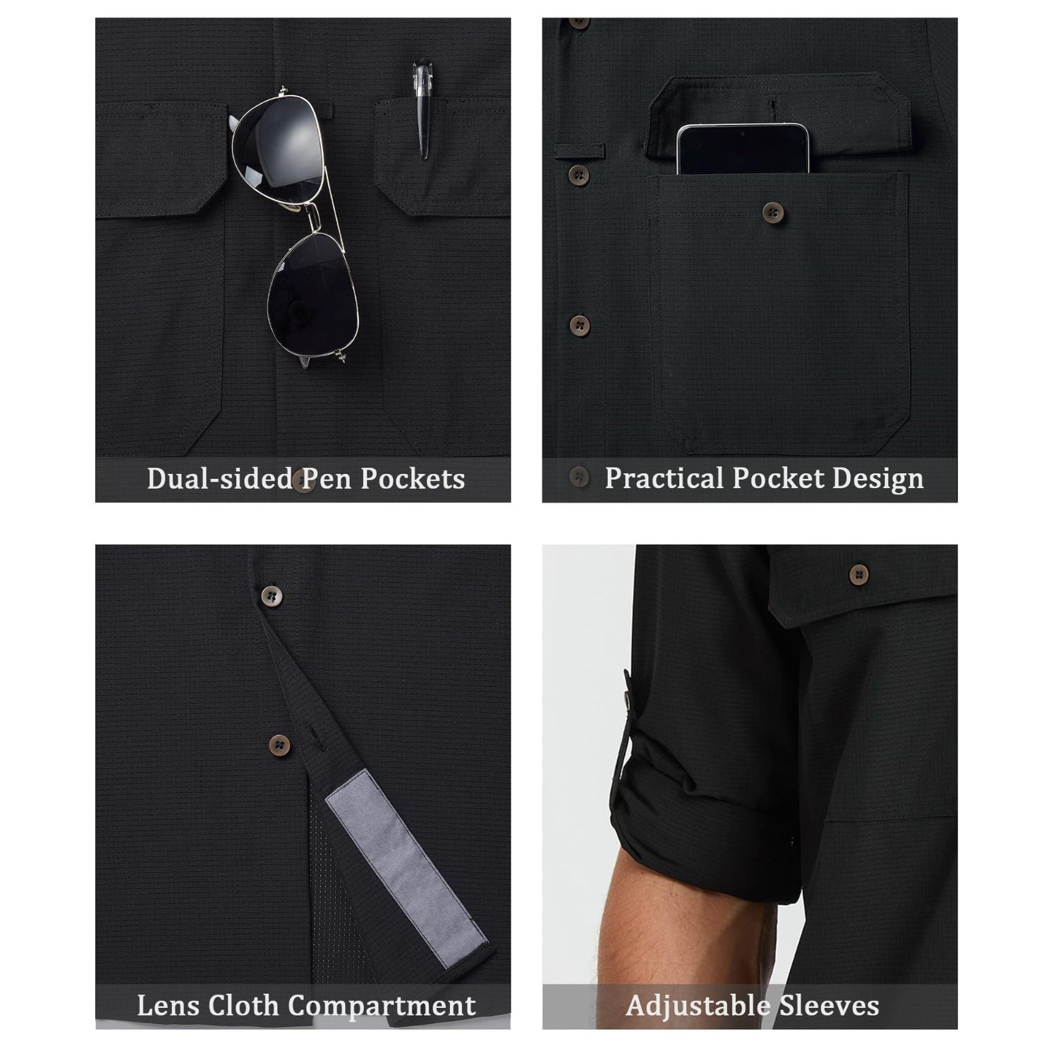 Hisdern Men's Sun Protection Black Fishing Shirt UPF 50+ for Fishing Hiking