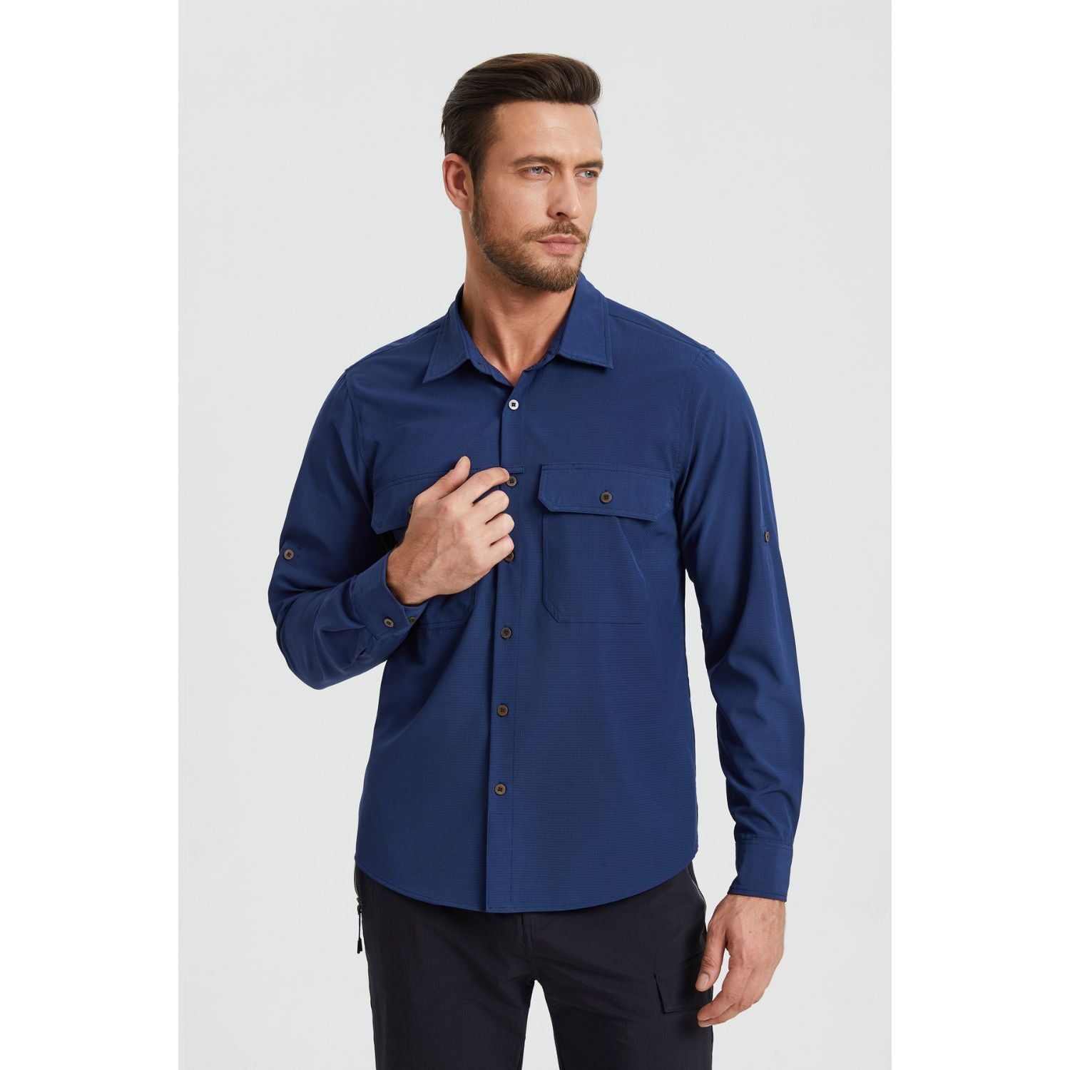 Hisdern Men's Sun Protection Navy Fishing Shirt UPF 50+ for Fishing Hiking