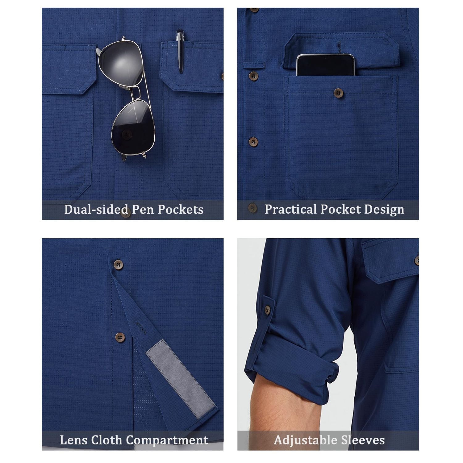 Hisdern Men's Sun Protection Navy Fishing Shirt UPF 50+ for Fishing Hiking