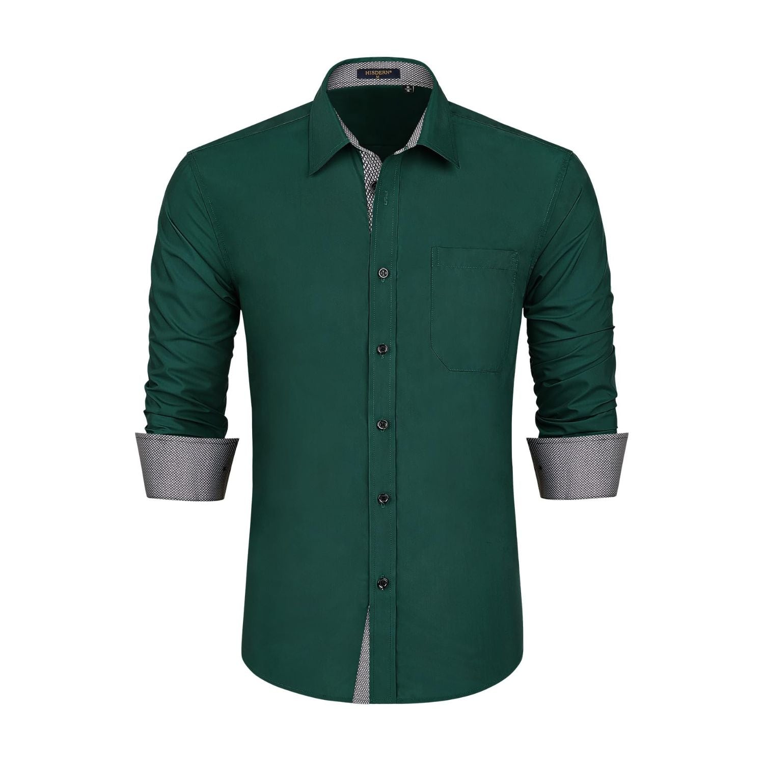 Hisdern Men's Dark Green Splicing Dress Shirt For Office Wear