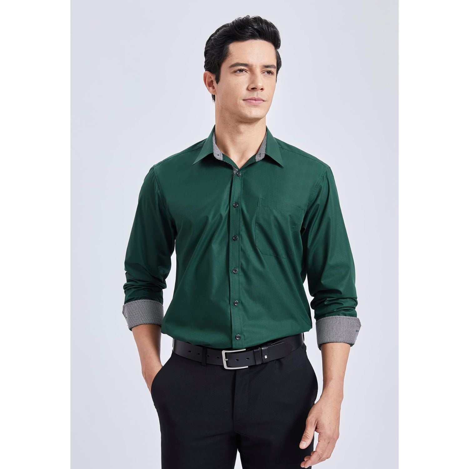 Hisdern Men's Dark Green Splicing Dress Shirt For Office Wear