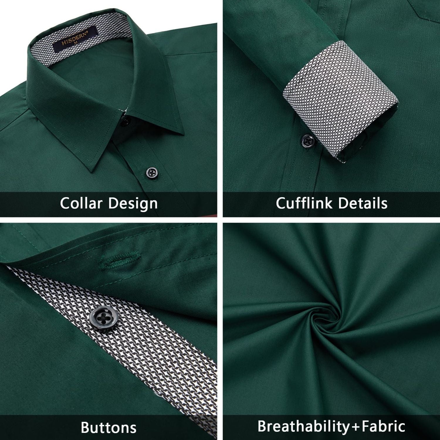 Hisdern Men's Dark Green Splicing Dress Shirt For Office Wear