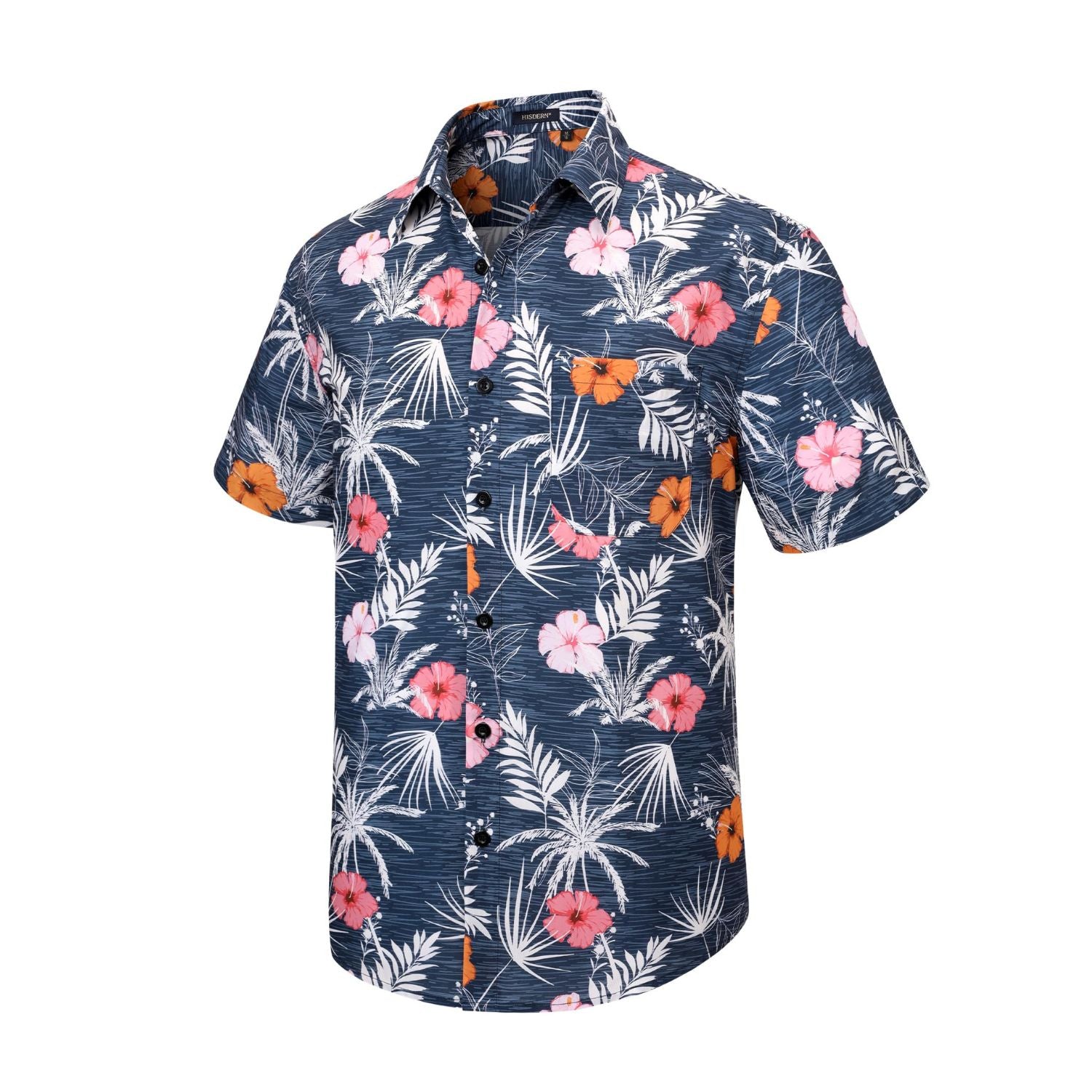 Navy Floral Button Up Hawaiian Shirt For Summer Vacation