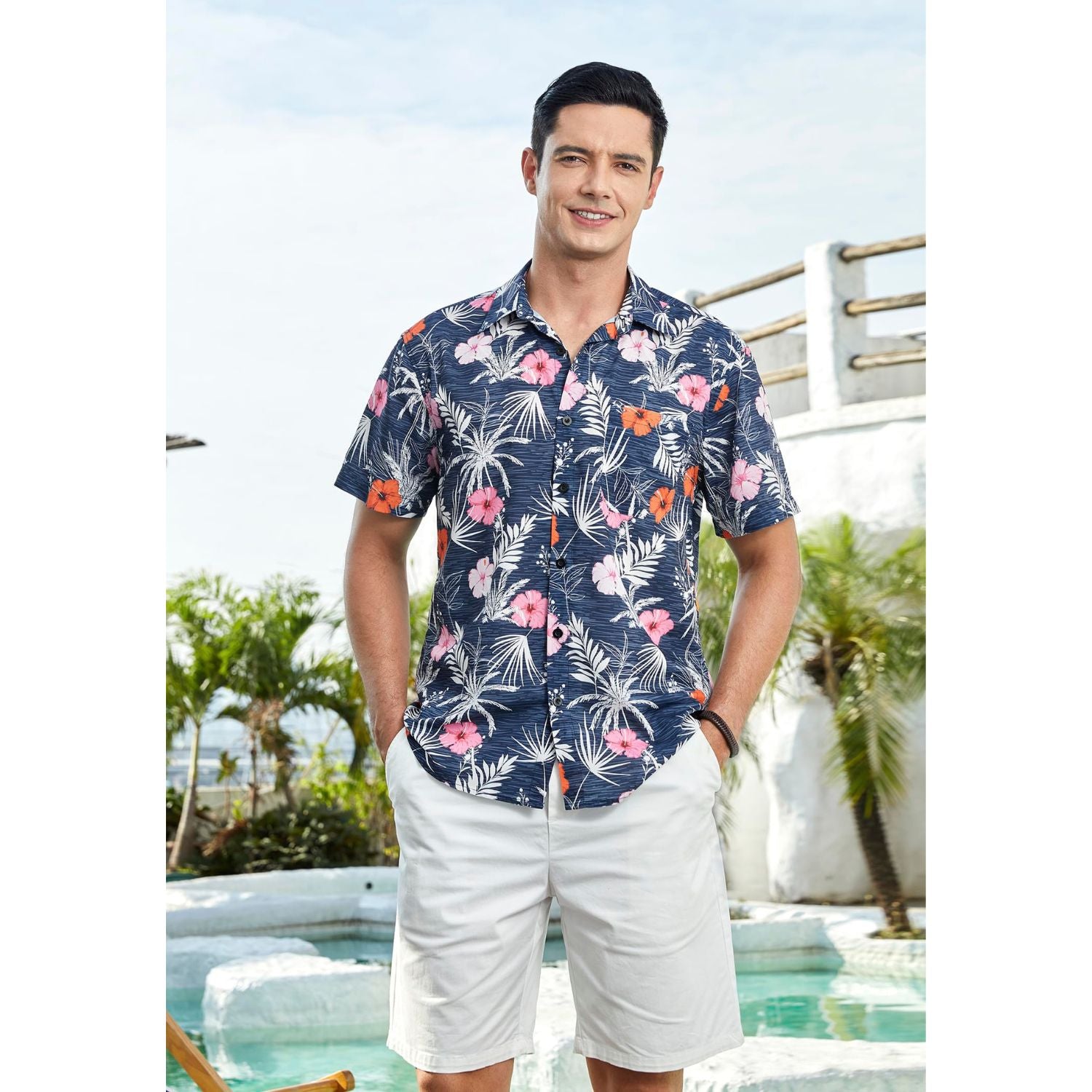 Navy Floral Button Up Hawaiian Shirt For Summer Vacation