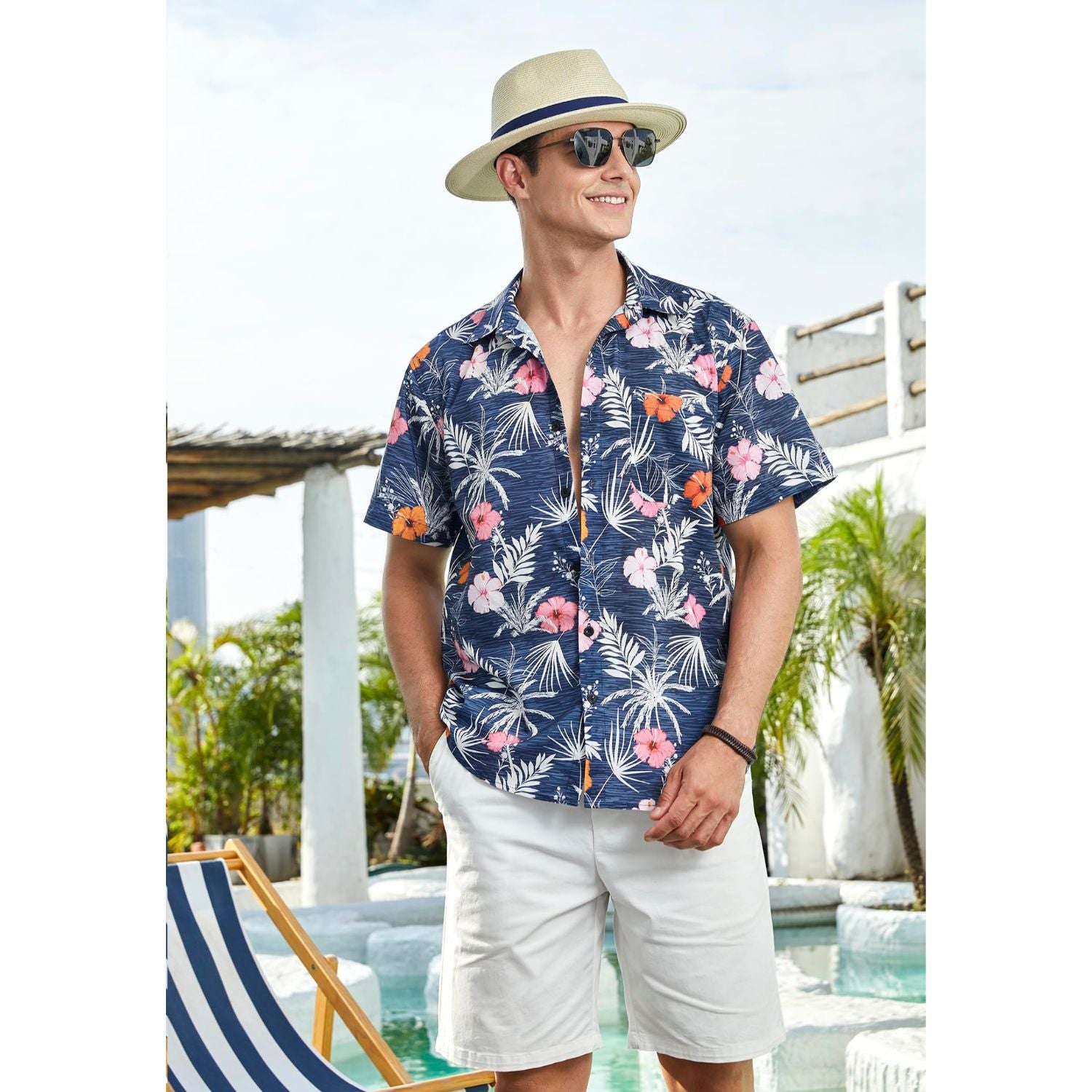 Navy Floral Button Up Hawaiian Shirt For Summer Vacation