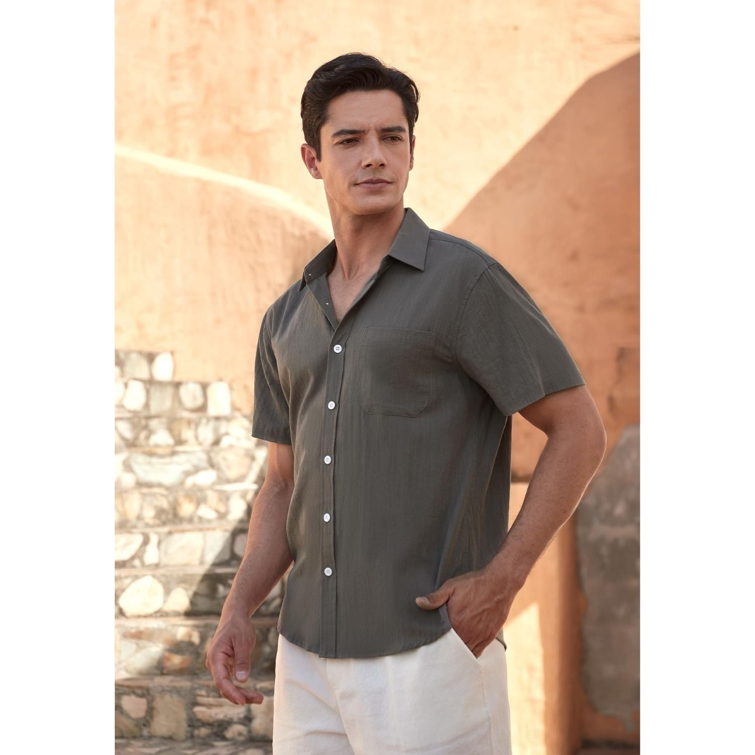 Men's Short Sleeve Dark Grey Casual Linen Shirts for Summer Beach