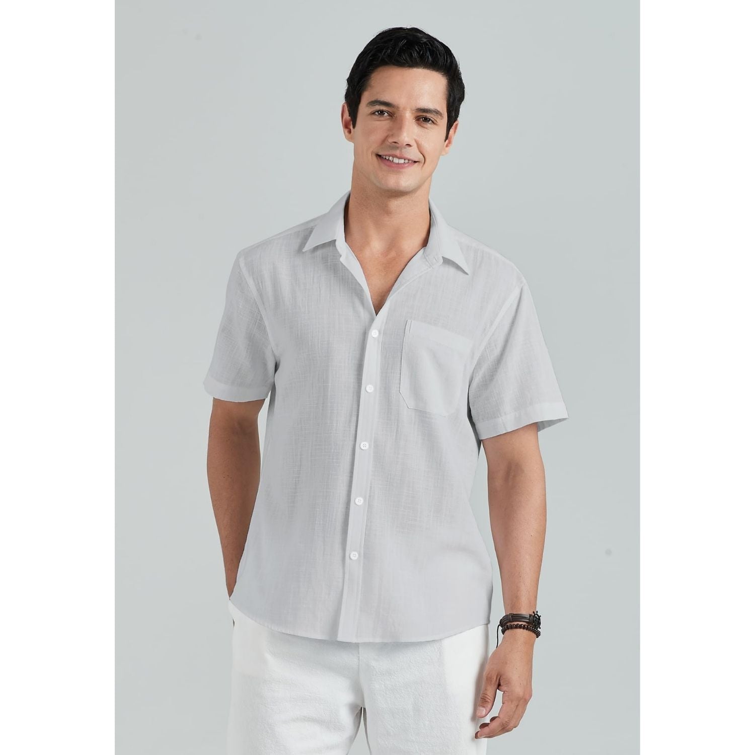 Men's Short Sleeve Grey Casual Linen Shirts for Summer Beach
