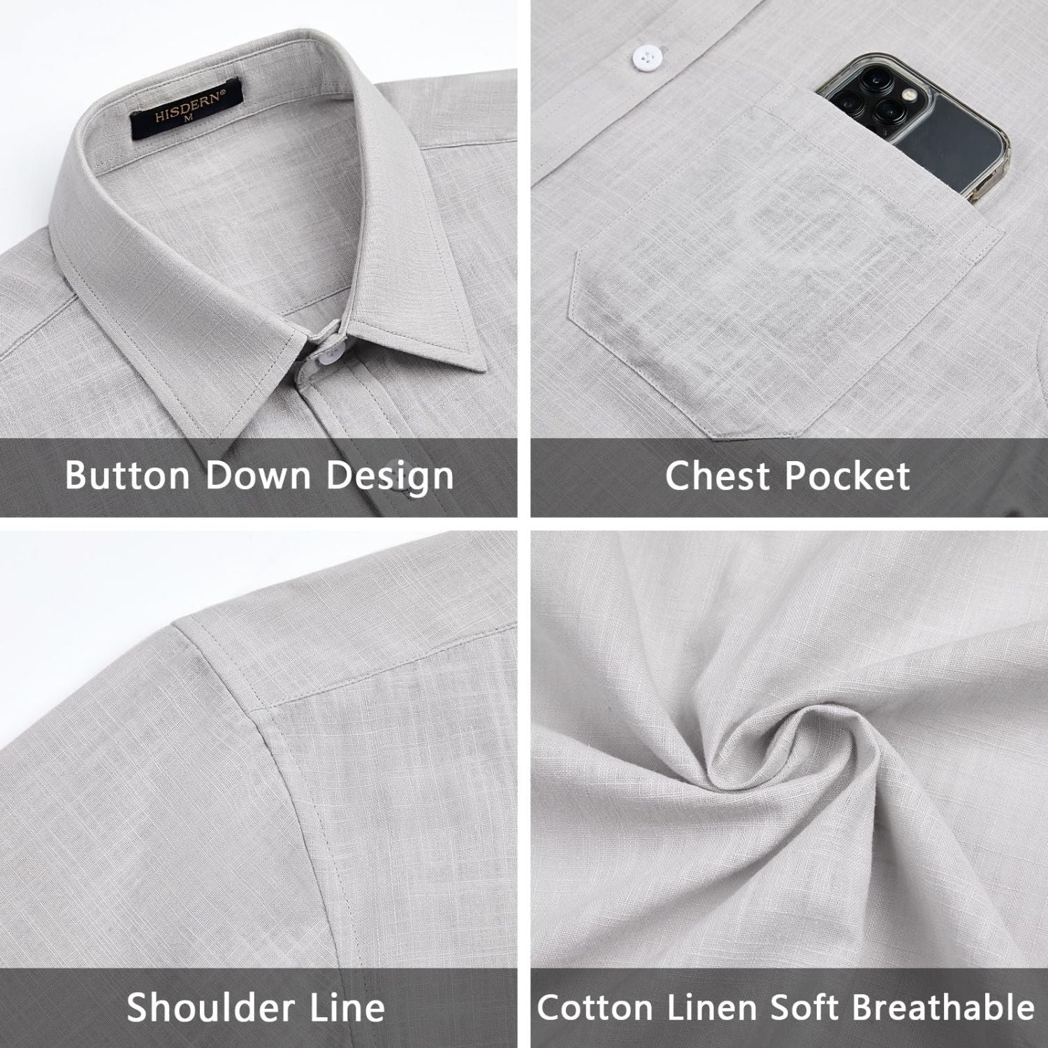 Men's Short Sleeve Grey Casual Linen Shirts for Summer Beach