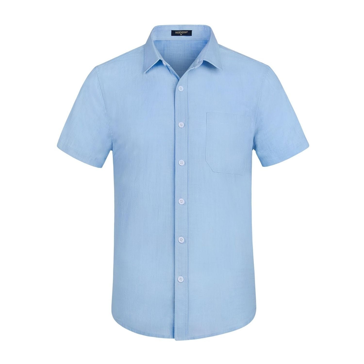 Men's Short Sleeve Light Blue Casual Linen Shirts for Summer Beach