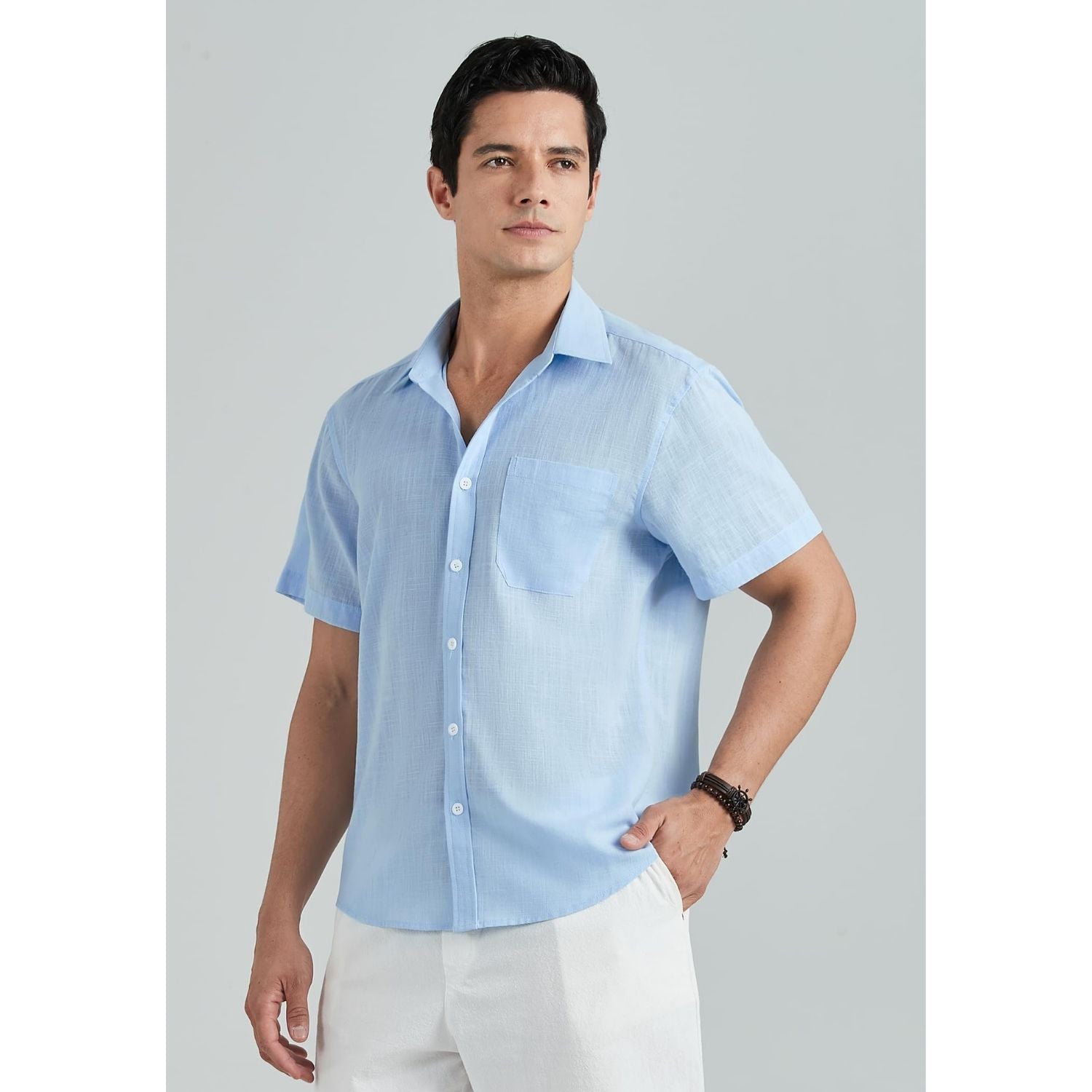 Men's Short Sleeve Light Blue Casual Linen Shirts for Summer Beach