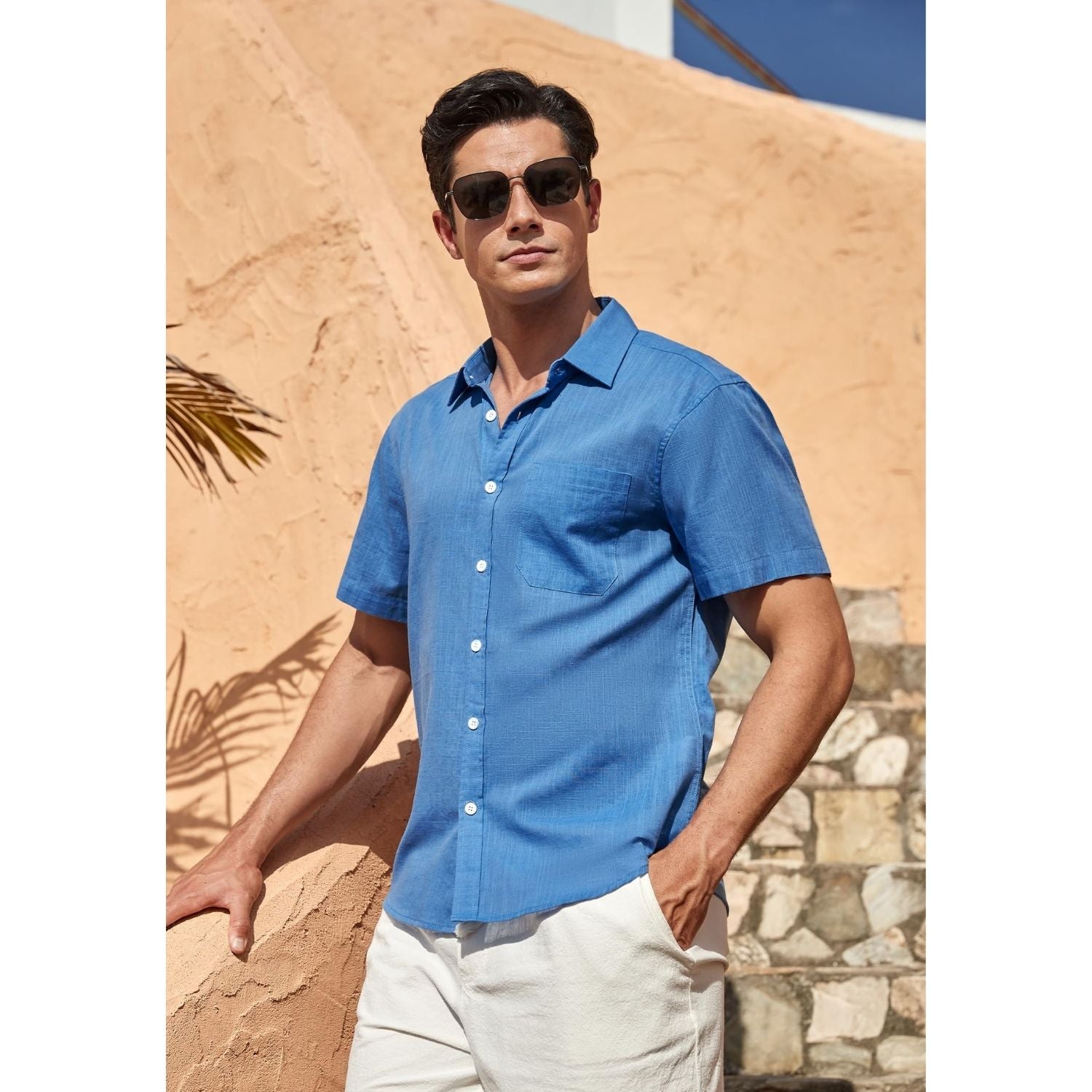 Men's Short Sleeve Blue Casual Linen Shirts for Summer Beach