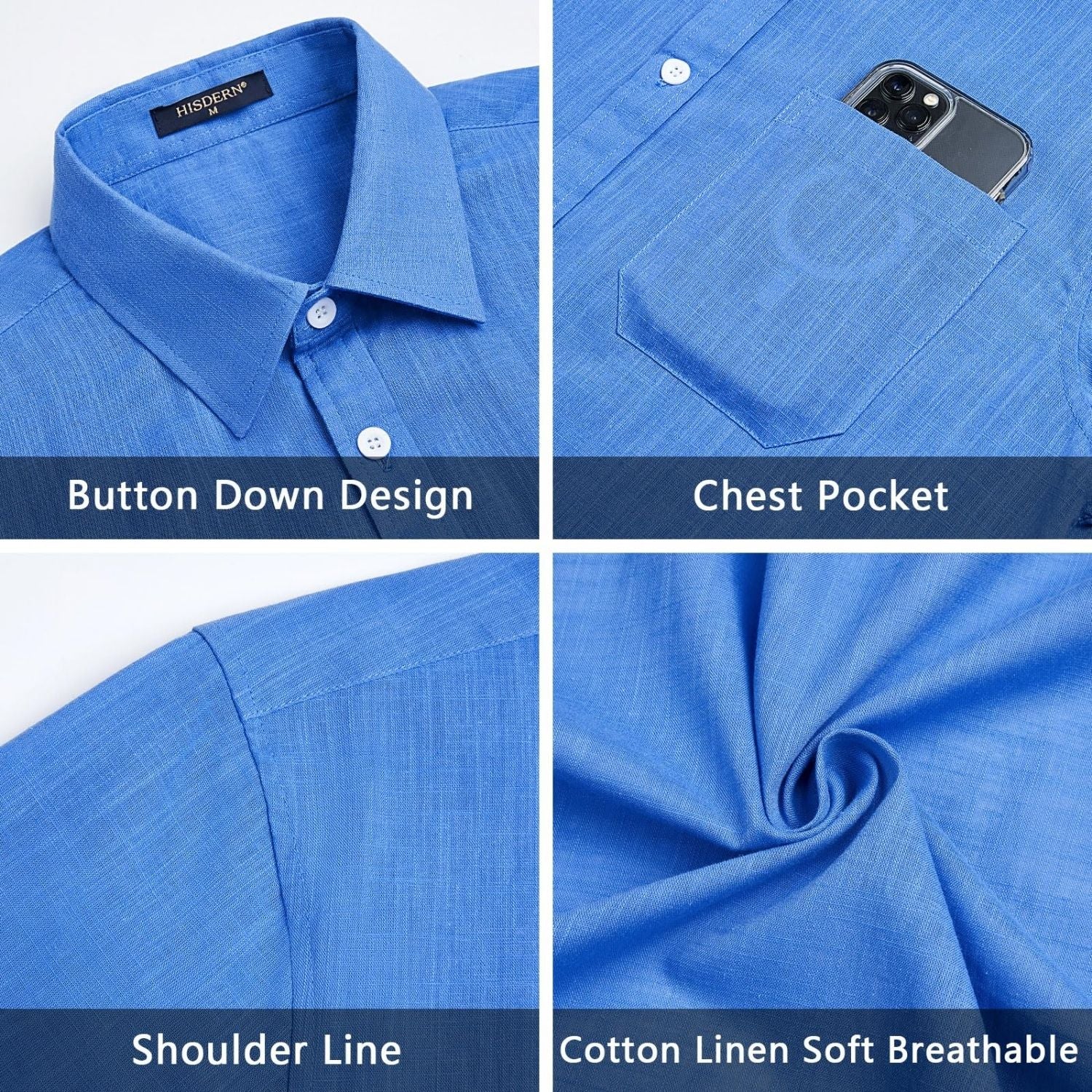 Men's Short Sleeve Blue Casual Linen Shirts for Summer Beach