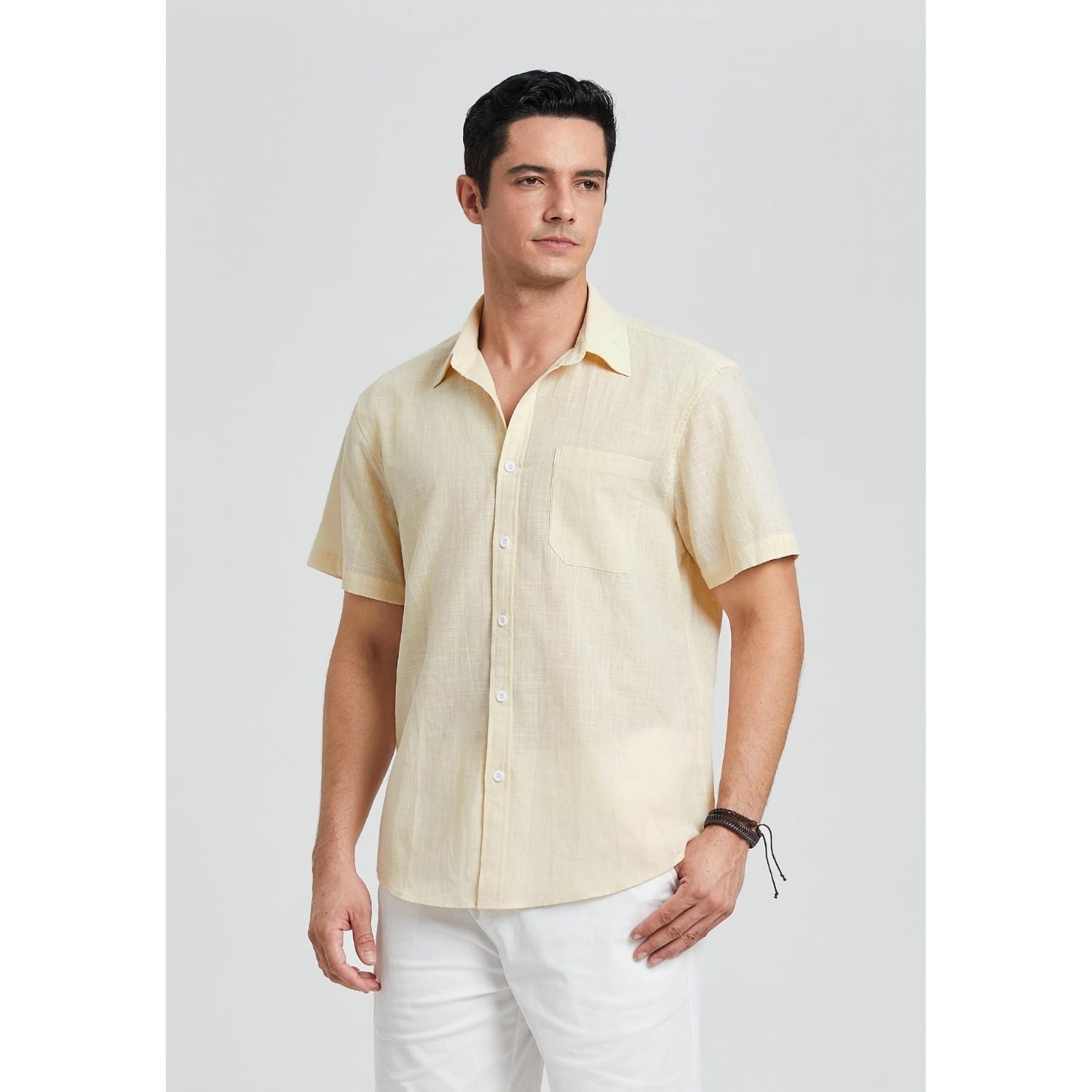 Men's Short Sleeve Beige Casual Linen Shirts for Summer Beach