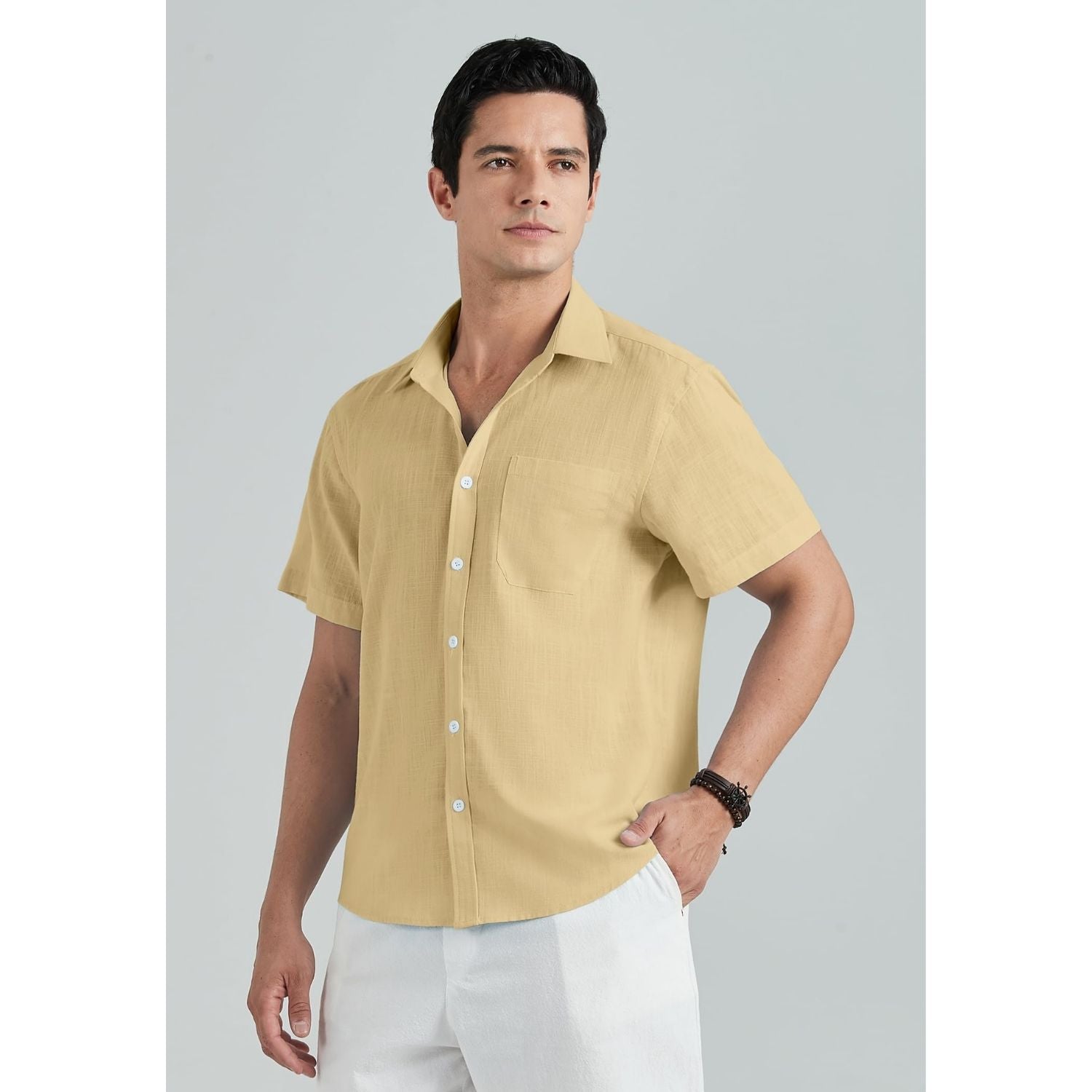 Men's Short Sleeve Khaki Casual Linen Shirts for Summer Beach