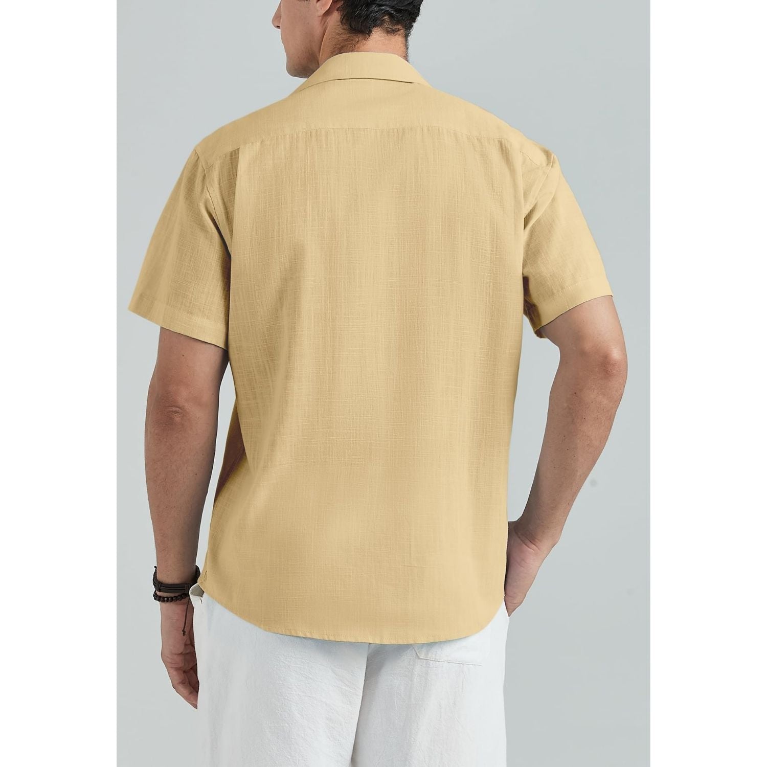 Men's Short Sleeve Khaki Casual Linen Shirts for Summer Beach