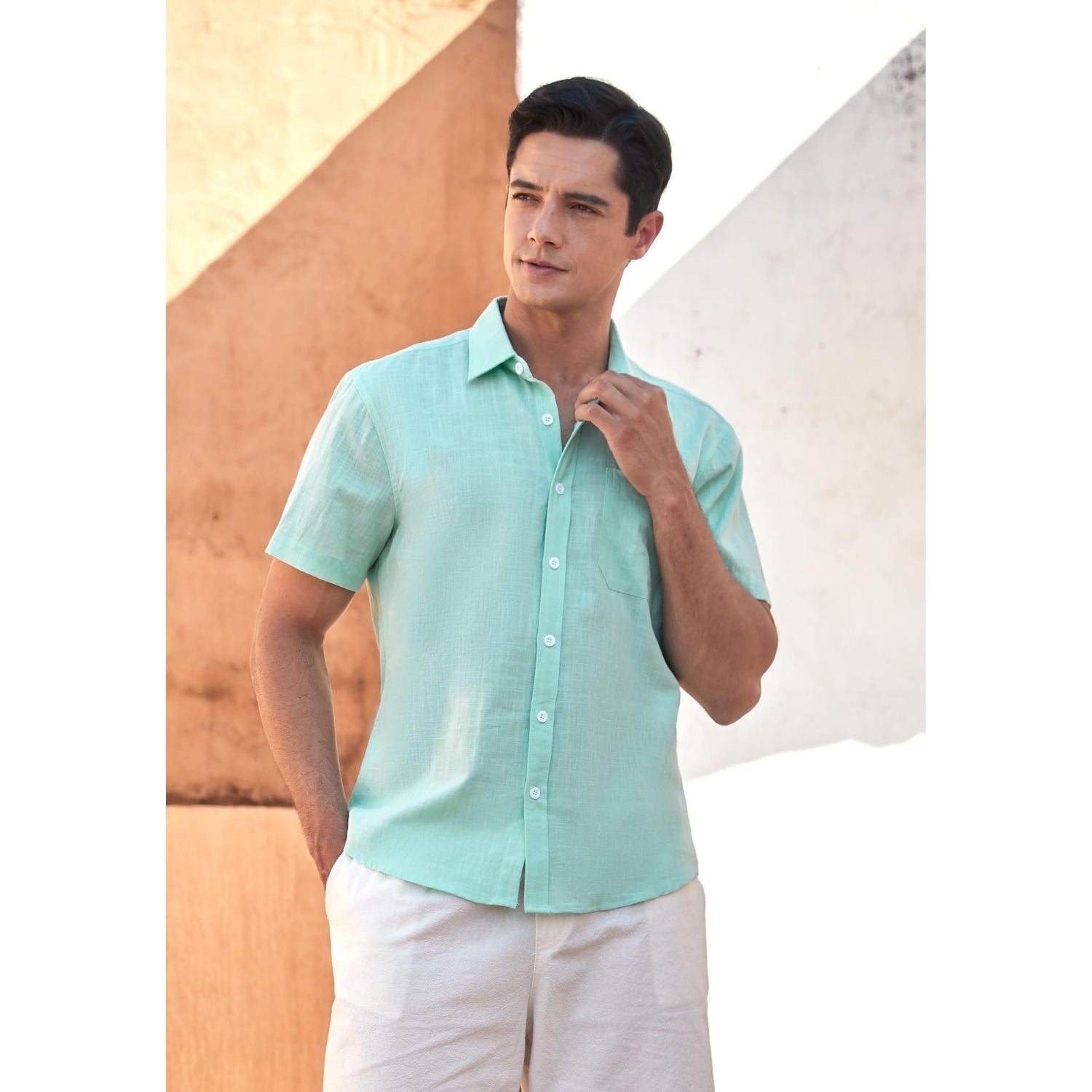 Men's Short Sleeve Mint Green Casual Linen Shirts for Summer Beach