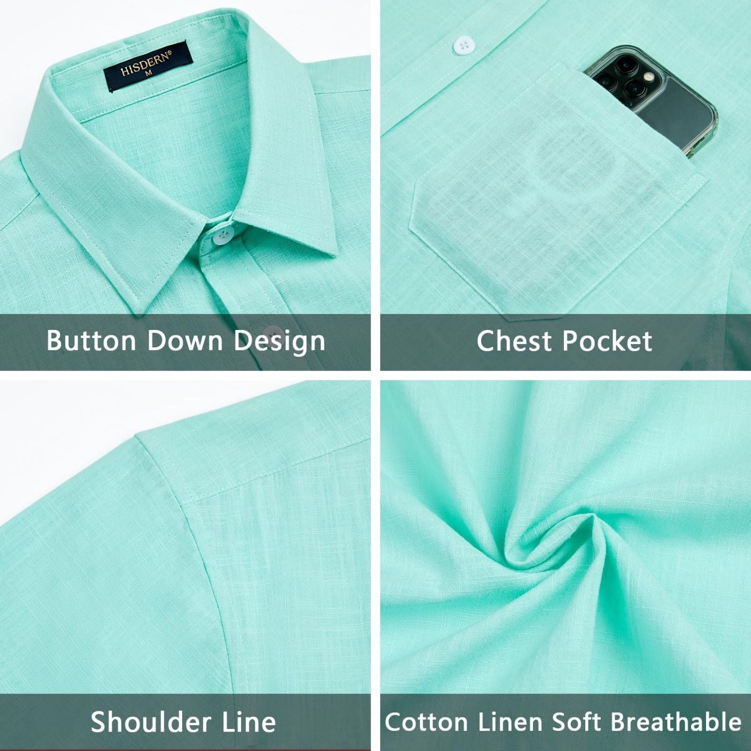 Men's Short Sleeve Mint Green Casual Linen Shirts for Summer Beach