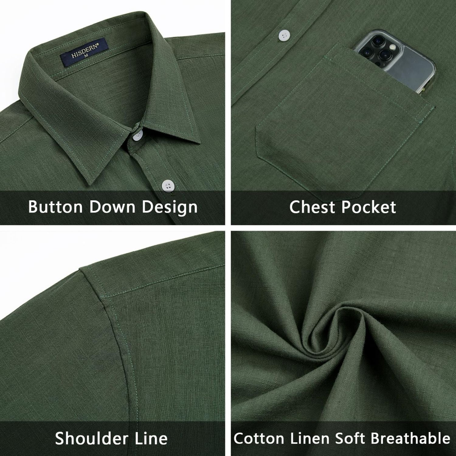 Men's Short Sleeve Green Casual Linen Shirts for Summer Beach