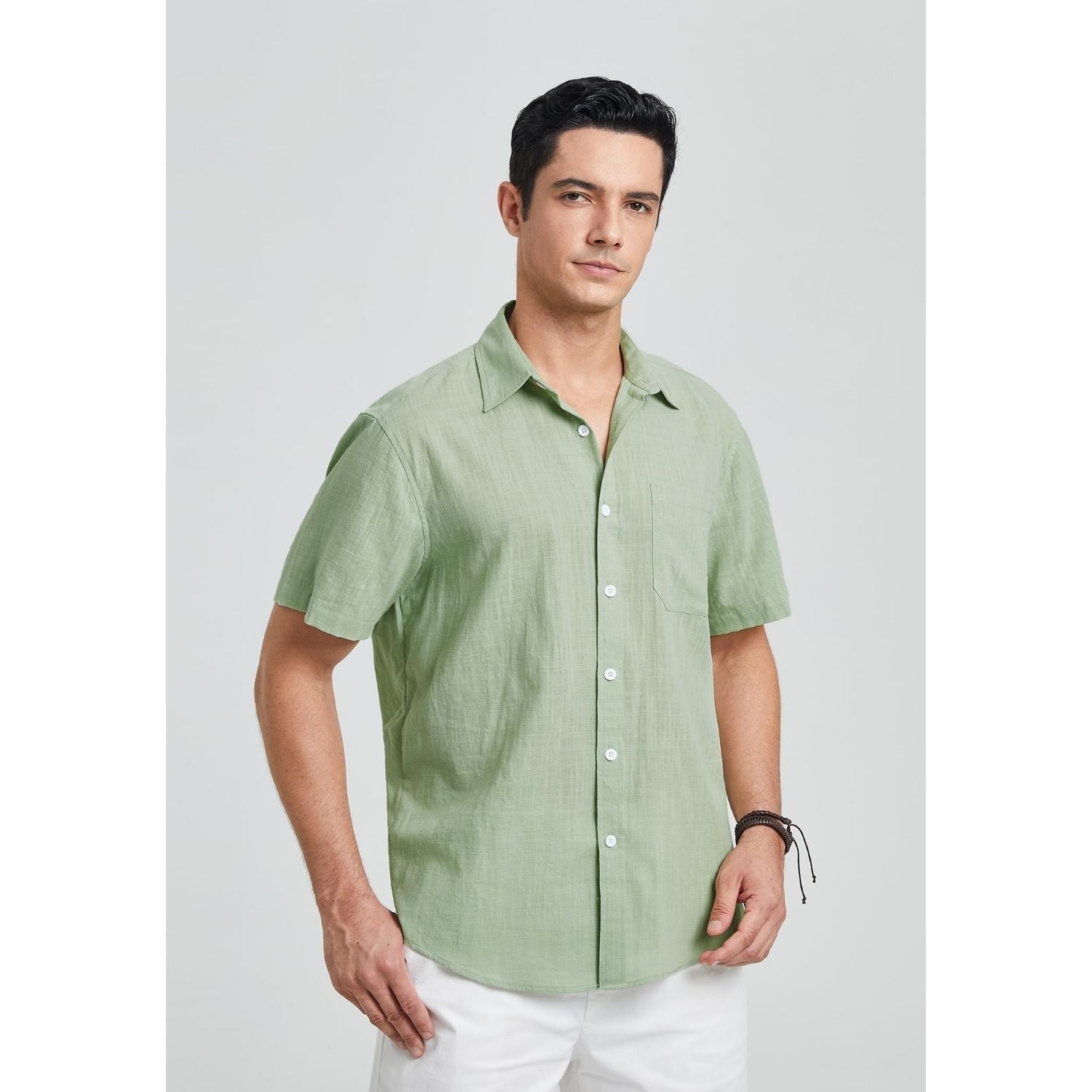 Men's Short Sleeve Sage Green Casual Linen Shirts for Summer Beach