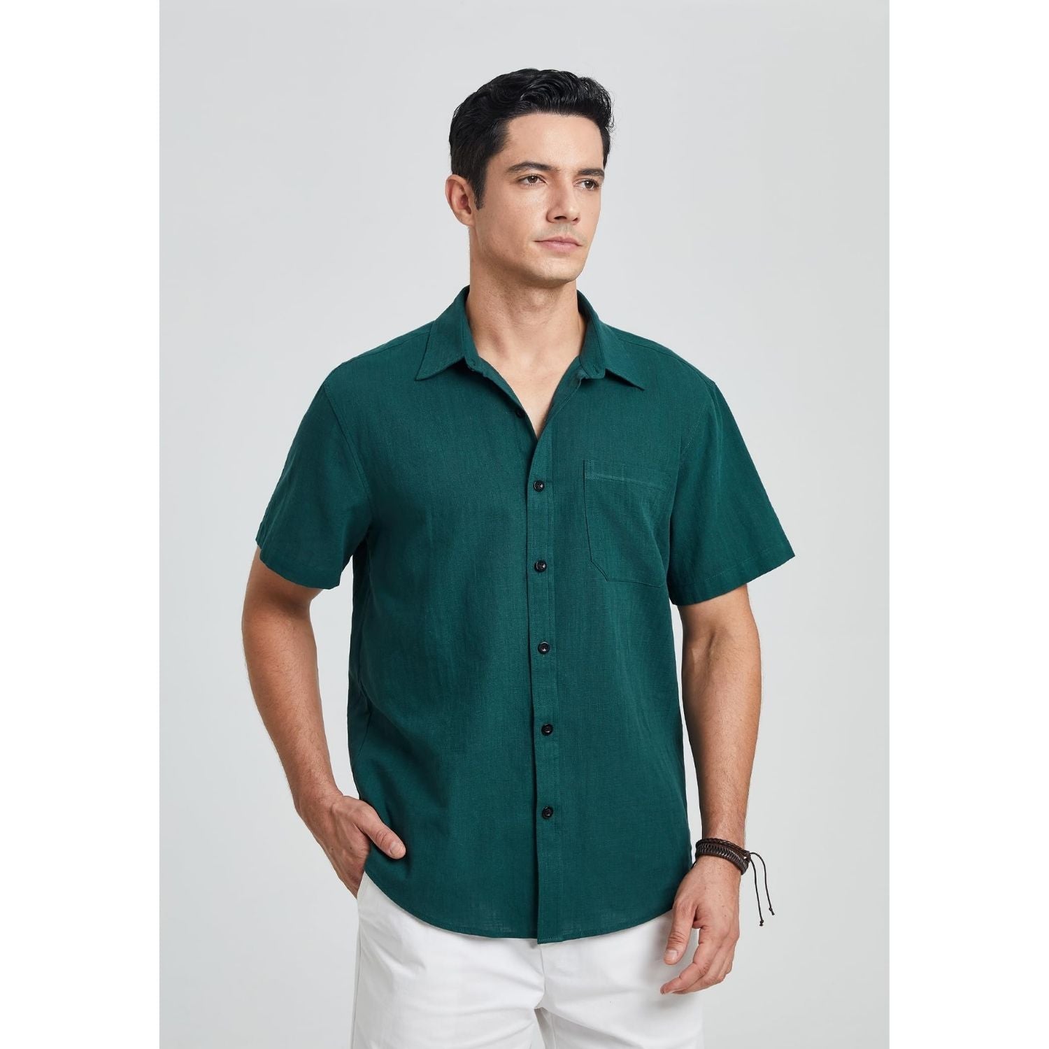 Men's Short Sleeve Teal Casual Linen Shirts for Summer Beach