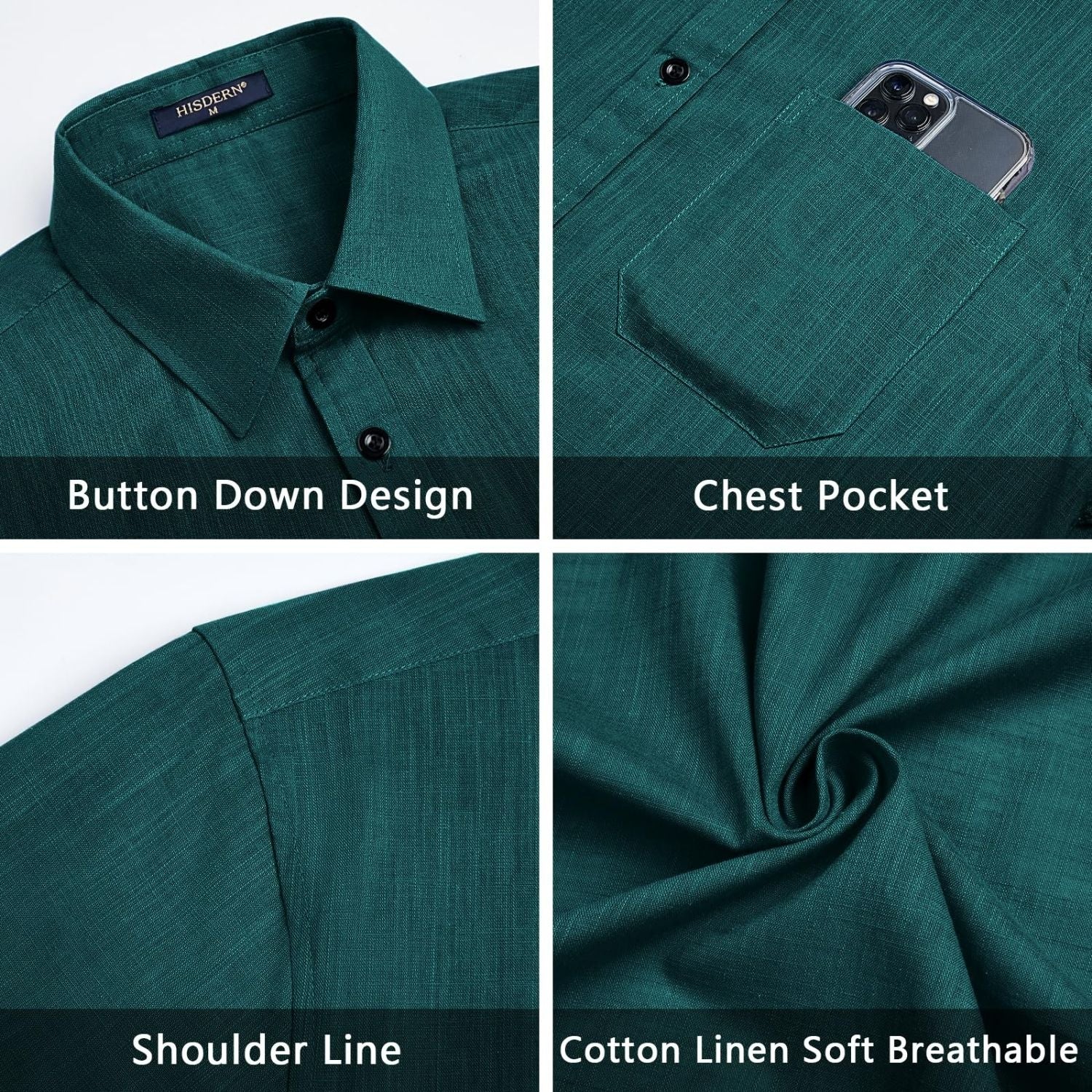 Men's Short Sleeve Teal Casual Linen Shirts for Summer Beach