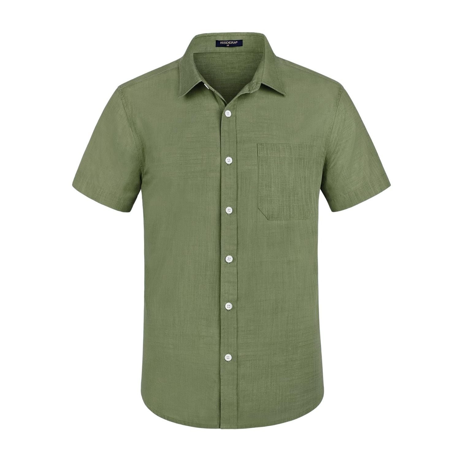 Men's Short Sleeve Olive Green Casual Linen Shirts for Summer Beach