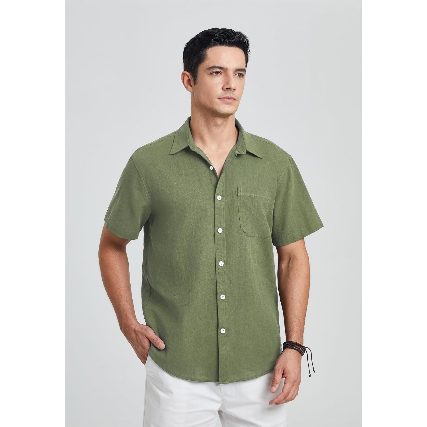 Men's Short Sleeve Olive Green Casual Linen Shirts for Summer Beach