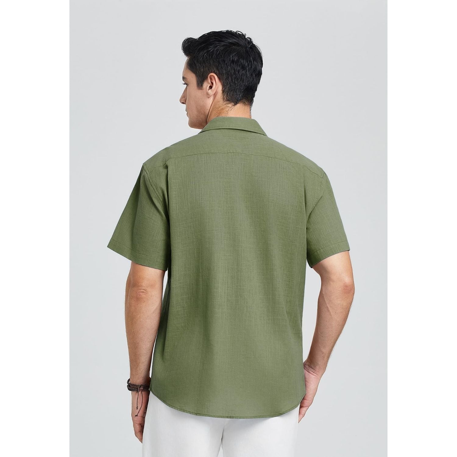 Men's Short Sleeve Olive Green Casual Linen Shirts for Summer Beach