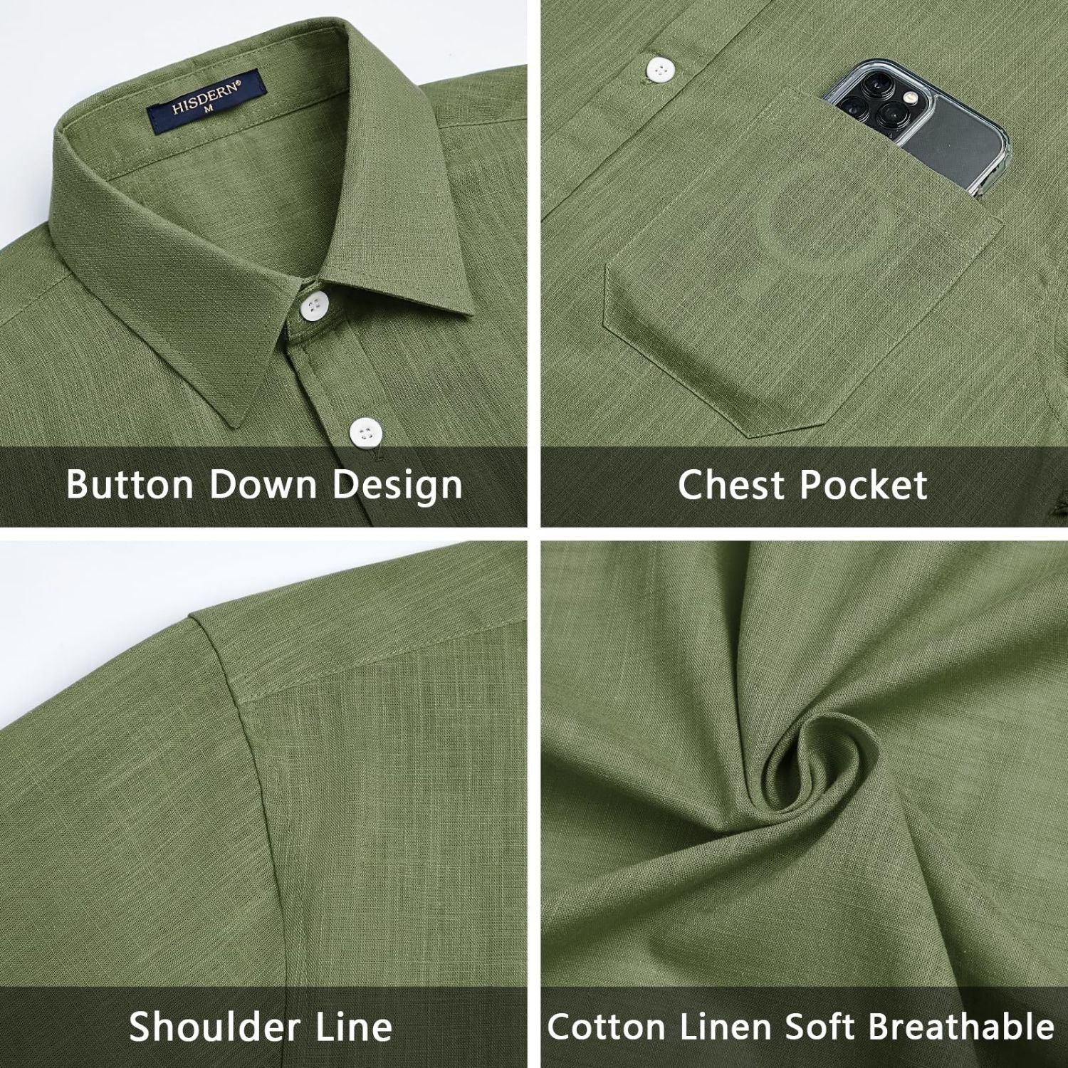 Men's Short Sleeve Olive Green Casual Linen Shirts for Summer Beach