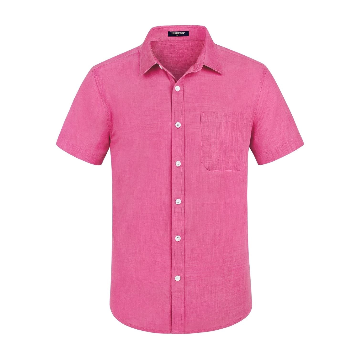 Men's Short Sleeve Hot Pink Casual Linen Shirts for Summer Beach