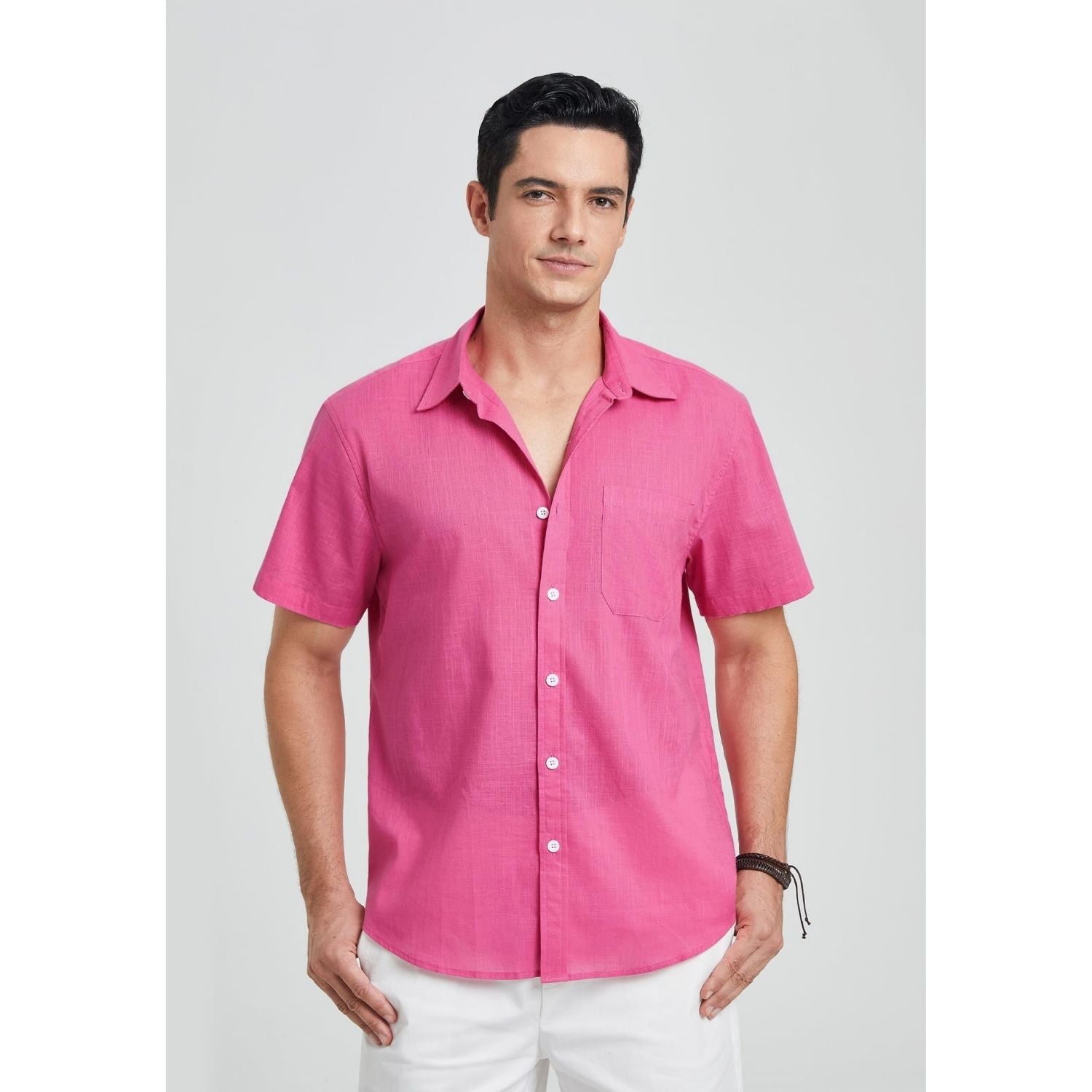 Men's Short Sleeve Hot Pink Casual Linen Shirts for Summer Beach