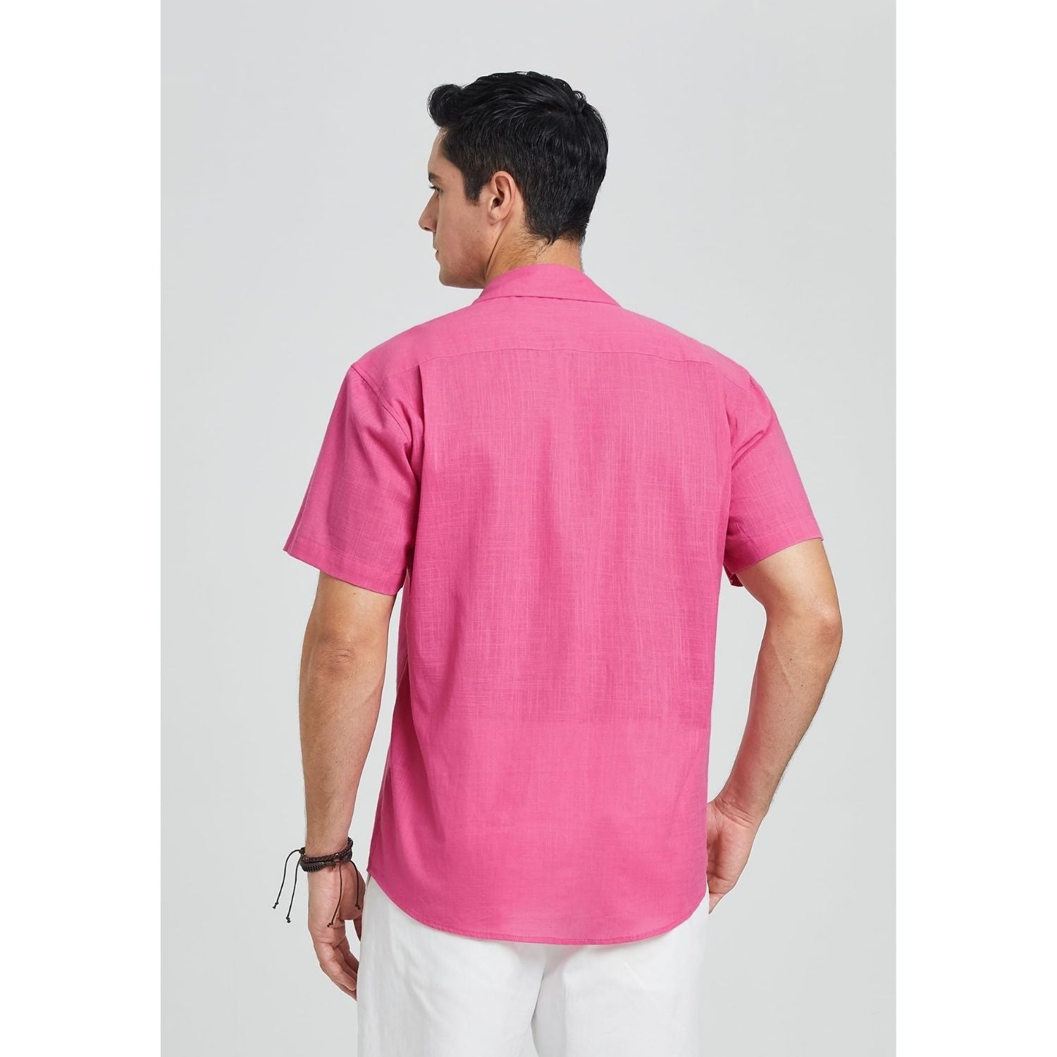 Men's Short Sleeve Hot Pink Casual Linen Shirts for Summer Beach