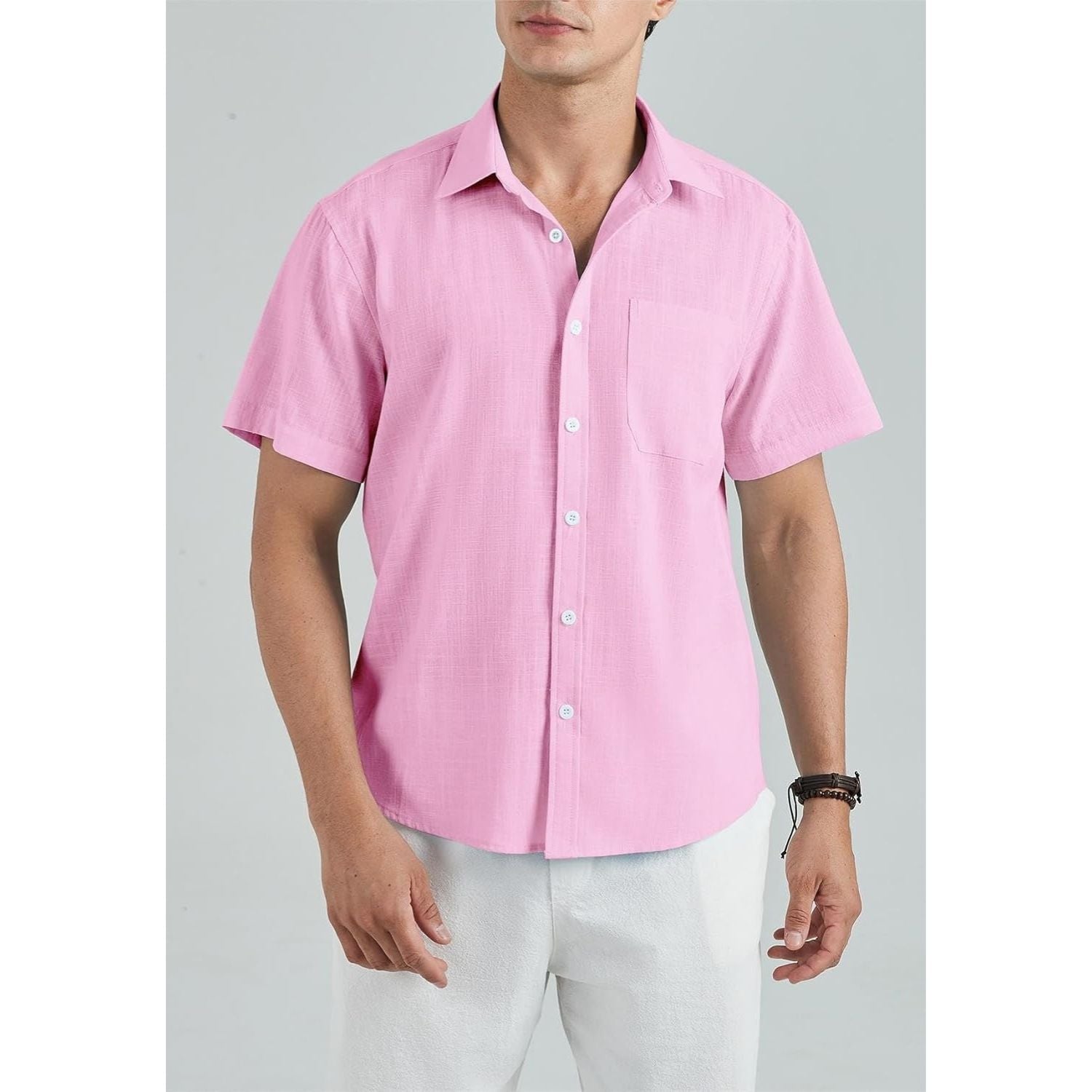 Men's Short Sleeve Pink Casual Linen Shirts for Summer Beach