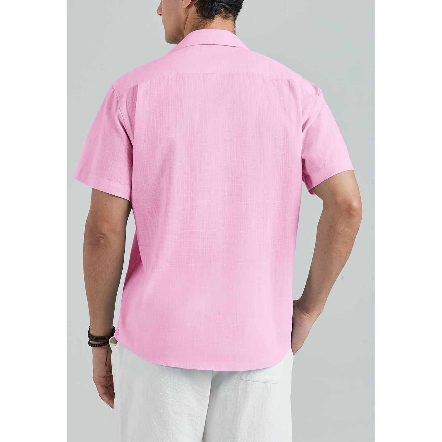 Men's Short Sleeve Pink Casual Linen Shirts for Summer Beach