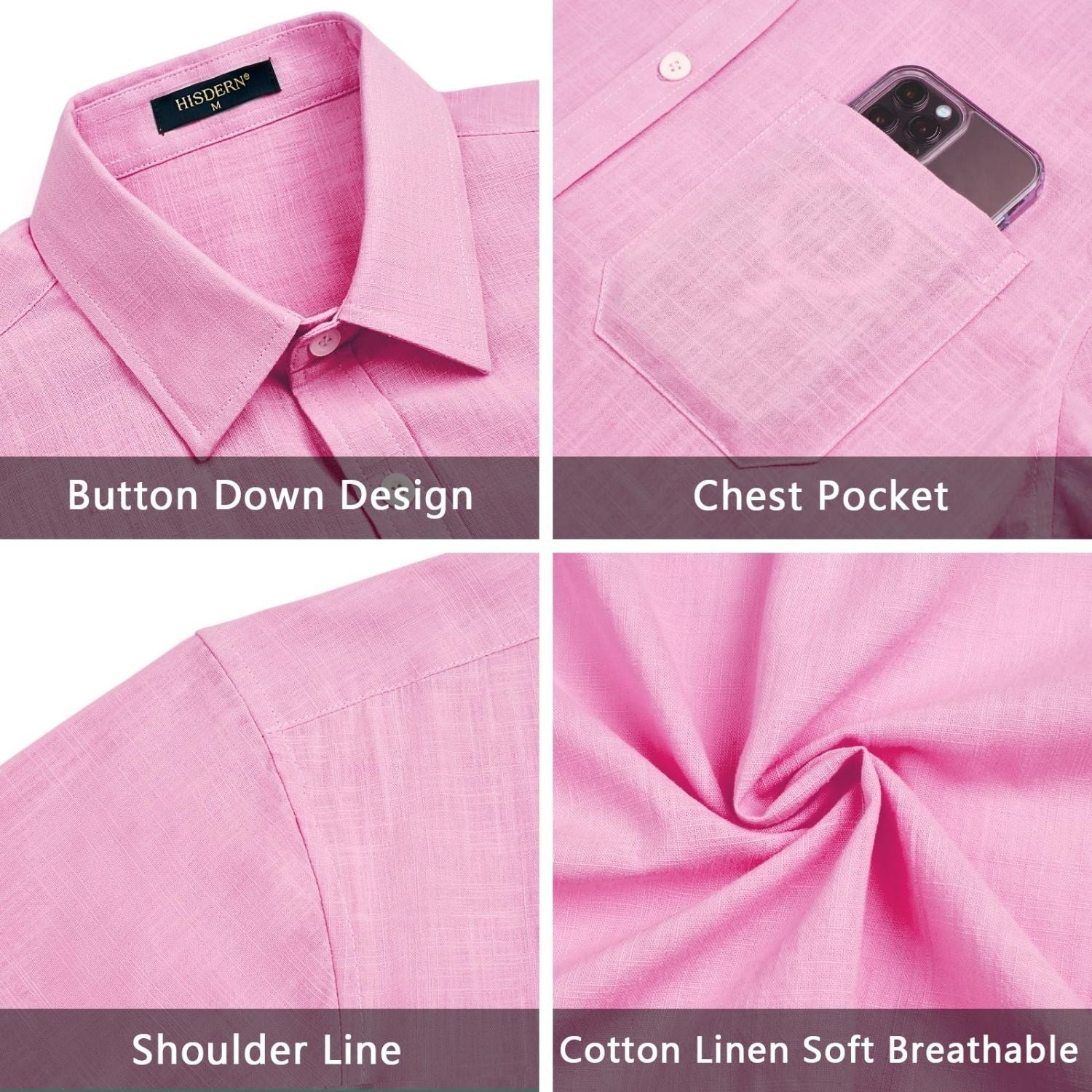 Men's Short Sleeve Pink Casual Linen Shirts for Summer Beach