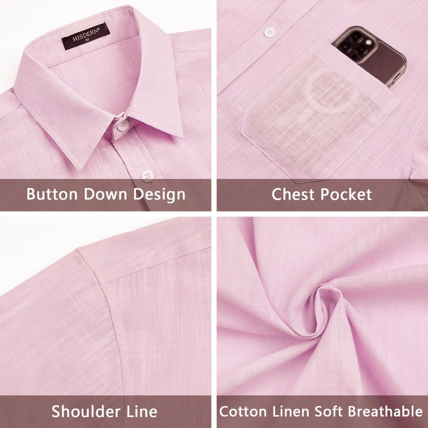 Men's Short Sleeve Light Pink Casual Linen Shirts for Summer Beach