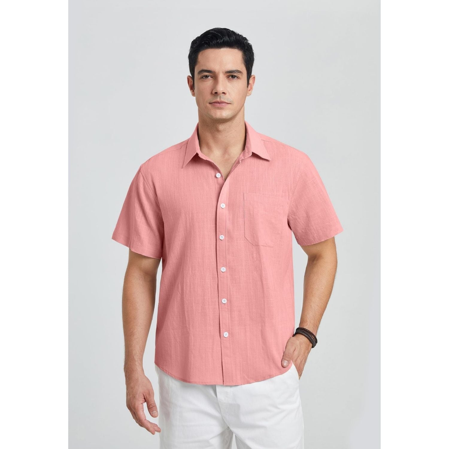 Men's Short Sleeve Coral Pink Casual Linen Shirts for Summer Beach