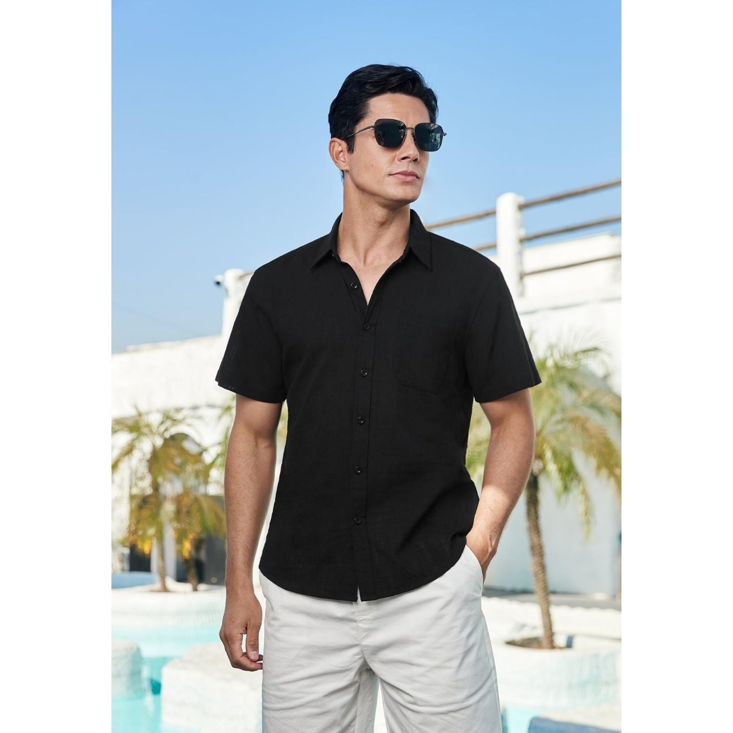 Men's Short Sleeve Black Casual Linen Shirts for Summer Beach